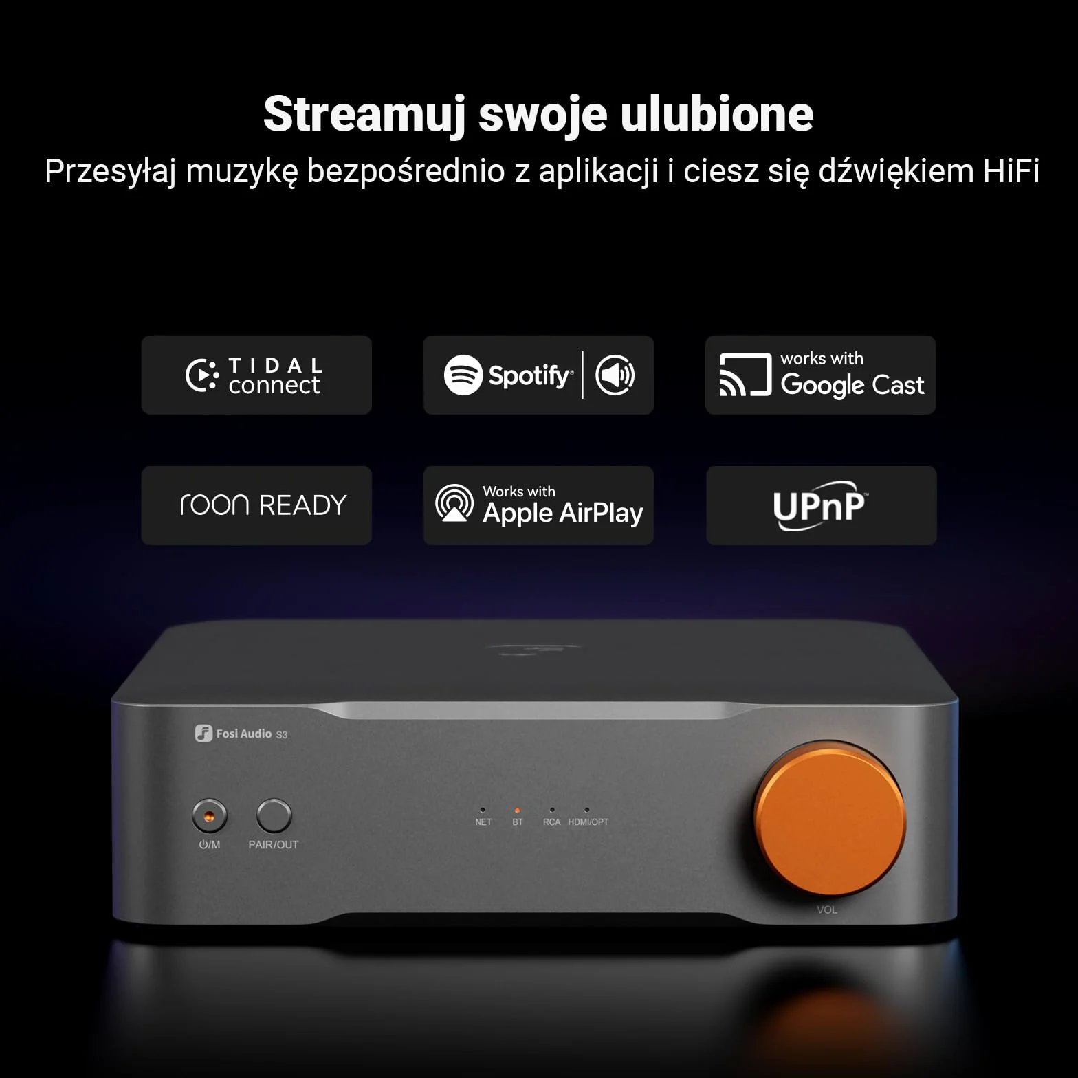 Fosi Audio S3 HiFi Music Streamer DAC Preamp, DAC Wi-Fi 6 Bluetooth 5.3, Transporter Cyfrowy Z Wyjściem XLR Zbalansowanym/Optycznym/Sub/HDMI eARC, AirPlay 2 Spotify Connect Tidal, Korektor 5-Pasmowy