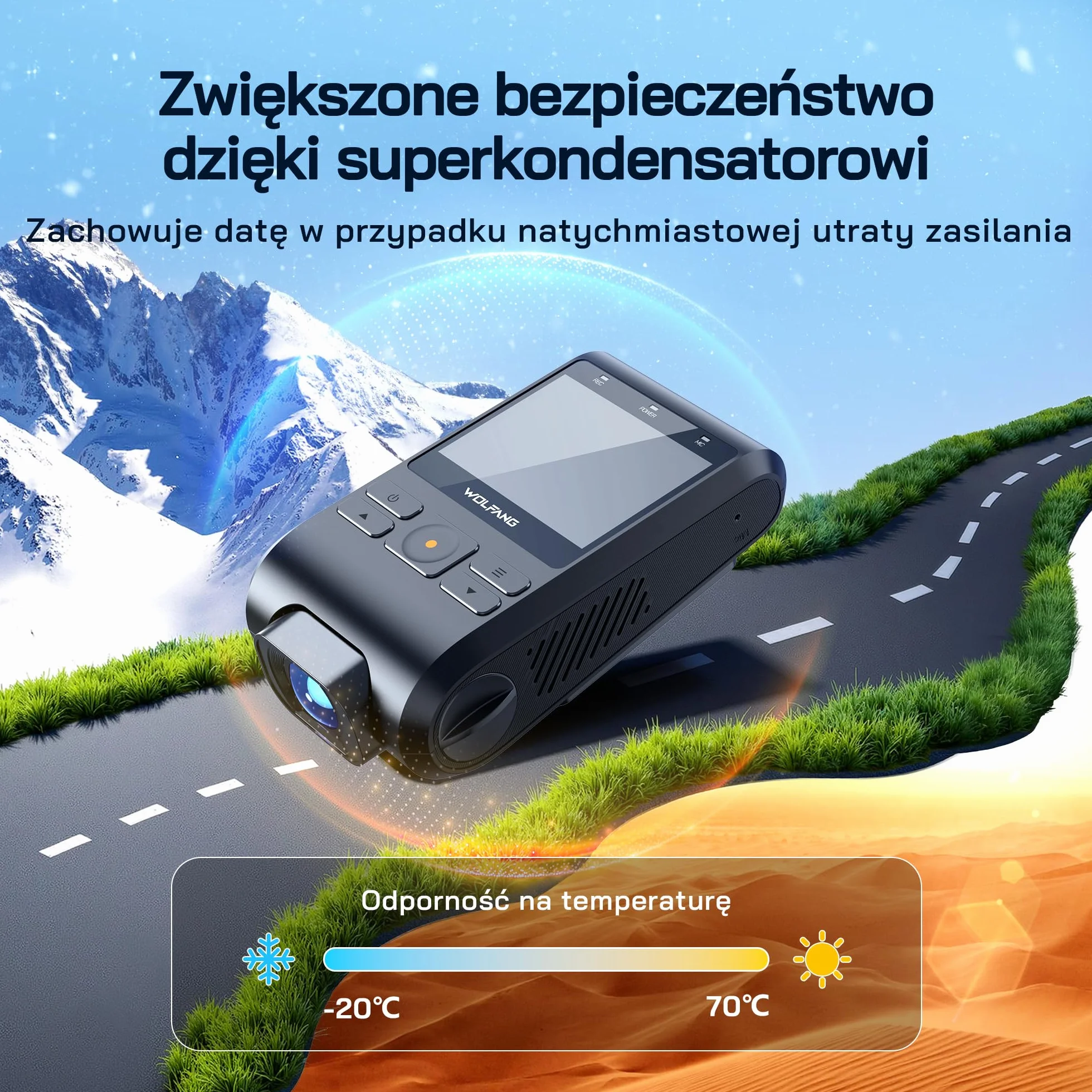 Kamera samochodowa WOLFANG 2.5K Wi-Fi 32GB podwójna z noktowizorem nagrywanie w pętli czujnik G szeroki kąt 170