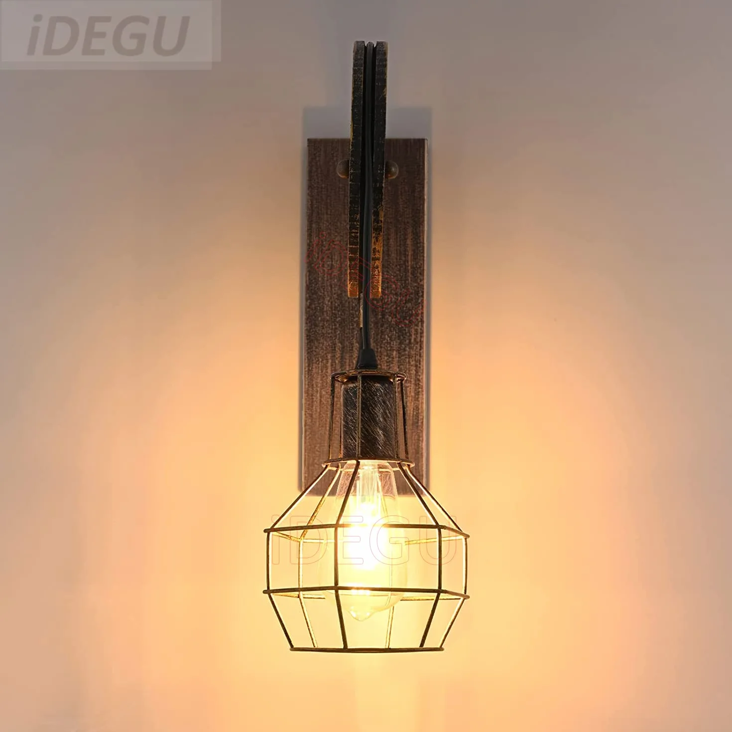 iDEGU 2 sztuki przemysłowych lamp ściennych, w stylu vintage, z koła pasowego, lampa retro z metalu i drewna, lampa wisząca do sypialni, salonu, restauracji, kawiarni, baru, korytarza, brązu