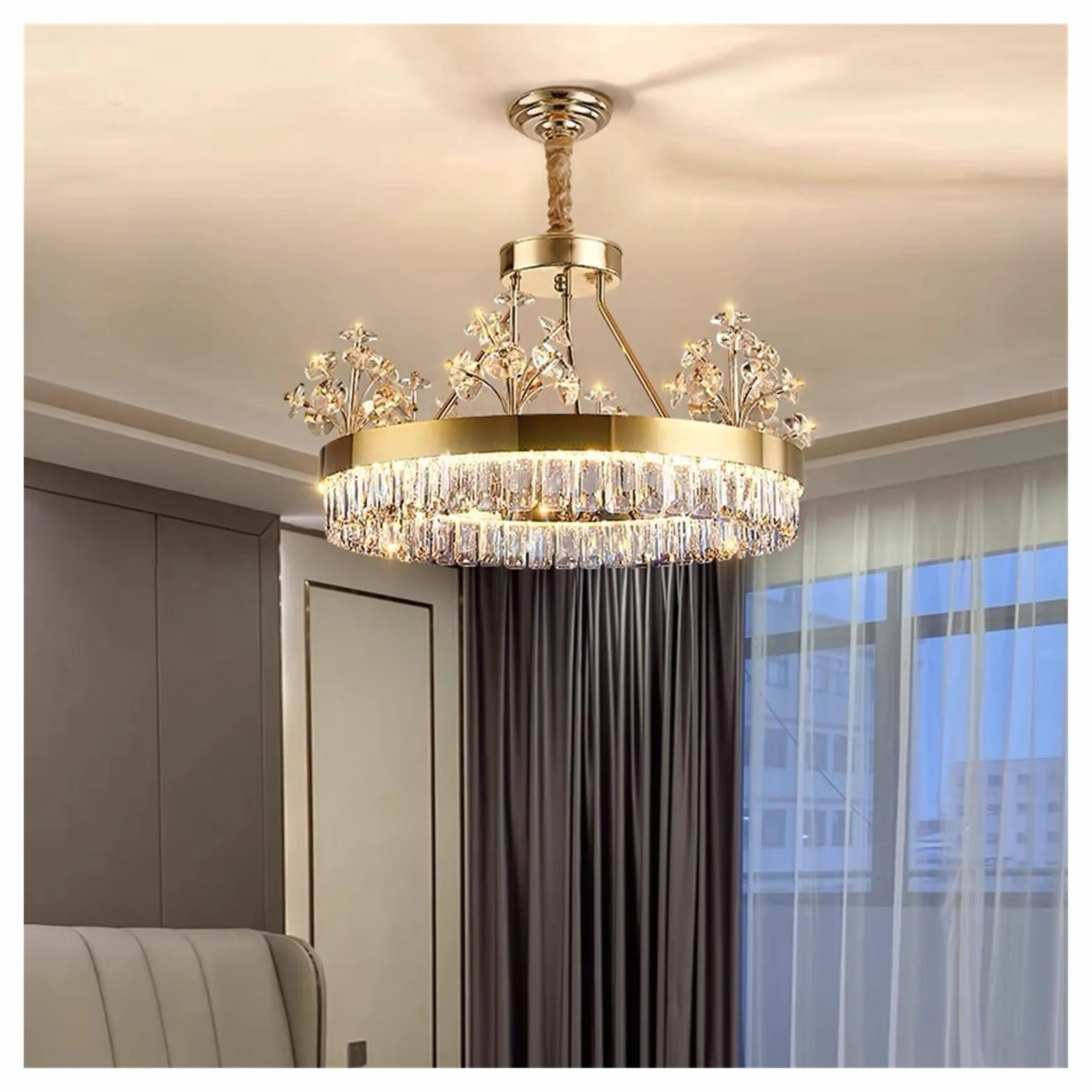 Nowoczesne żyrandole 2023 wysokiej klasy kryształowy K9, lampy wiszące do salonu, wyspy kuchennej, oświetlenie wewnętrzne LED (D100x60cm, białe światło)
