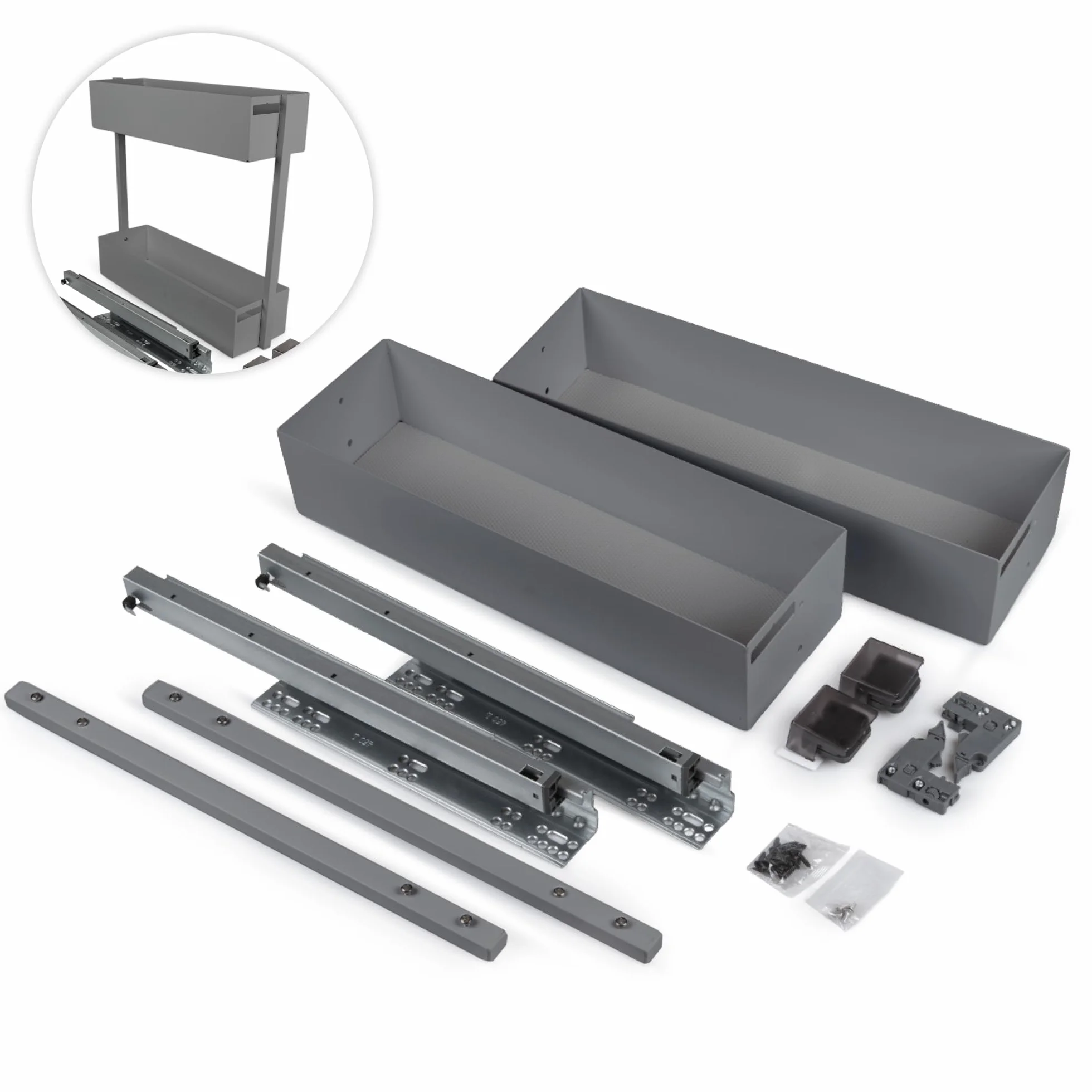 Wysuwana półka pod szafkę, 2 poziomy, 25-60 cm, antracyt – Softclose, prowadnica pod szafkę kuchenną z pełnym wysuwem (meble 250 mm)