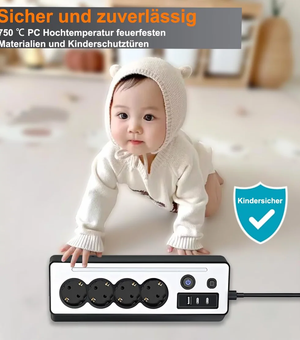 Listwa zasilająca narożna, listwa zasilająca, 4 gniazda wtykowe z USB i 2 typami C, listwa zasilająca, ochrona przed przepięciem z diodami LED, kabel 1,5 m, do kuchni, biura, czarna