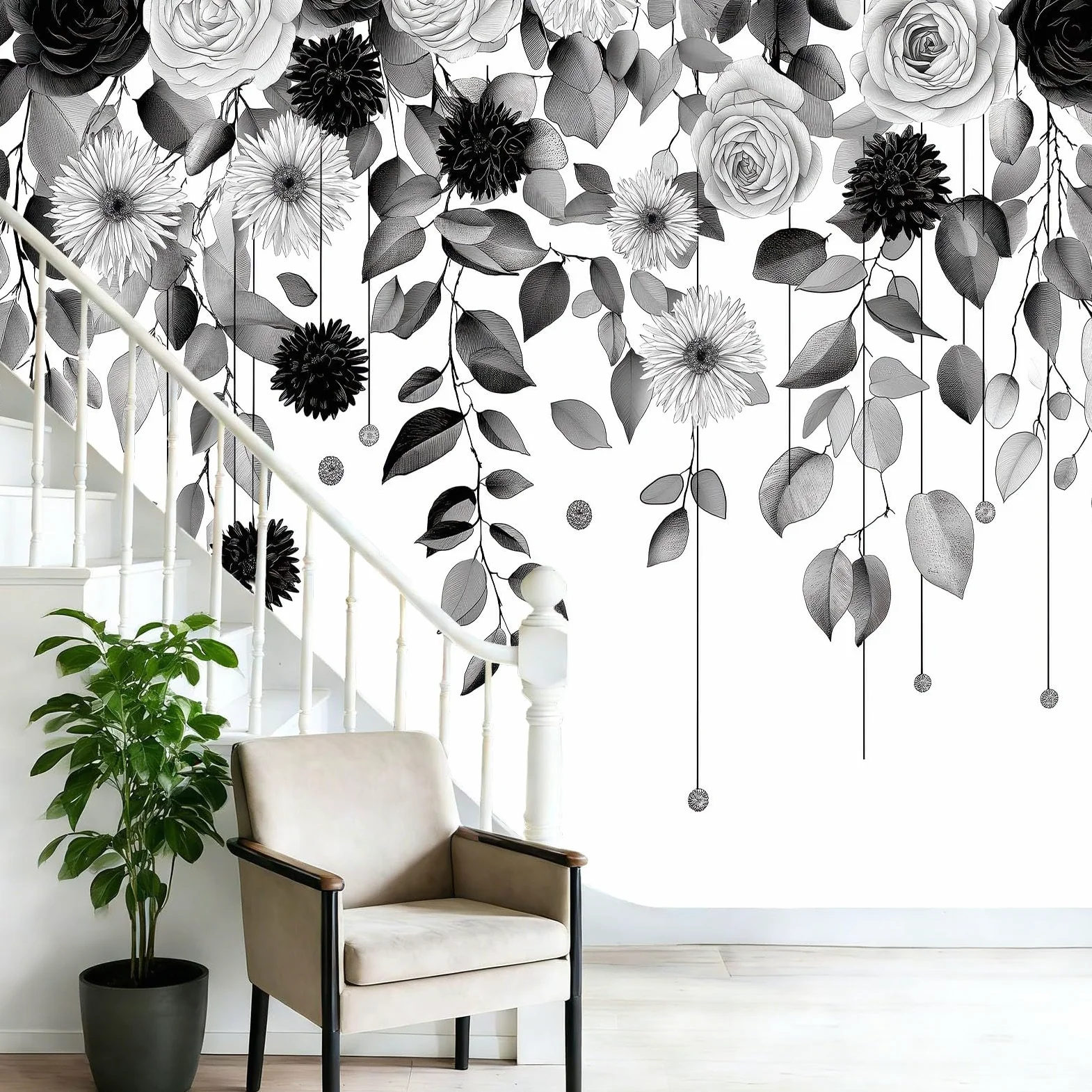 Fototapeta dziecięca włóknina liniowa sztuka botaniczna gigantyczny plakat minimalistyczny styl dekoracja ścienna panorama 3D idealna do sypialni dziecięcej 400 x 280 cm