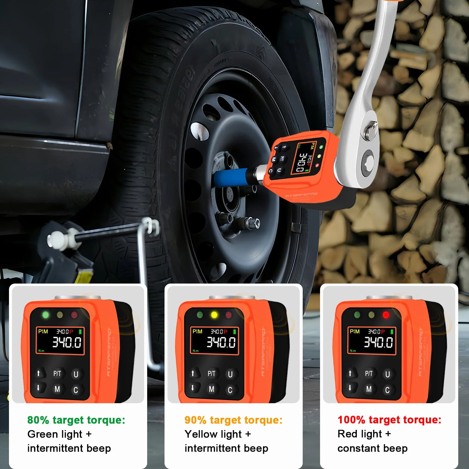 ATsafepro Cyfrowy Przenośnik Momentu 1/2" 17-340 Nm, Klucz Dynamometryczny z Kolorowym Wyświetlaczem LCD i Sygnalizatorem Dźwiękowym, Adaptery 1/4” i 3/8” do Samochodu i Motocykla, Dokładny Pomiar, Pr