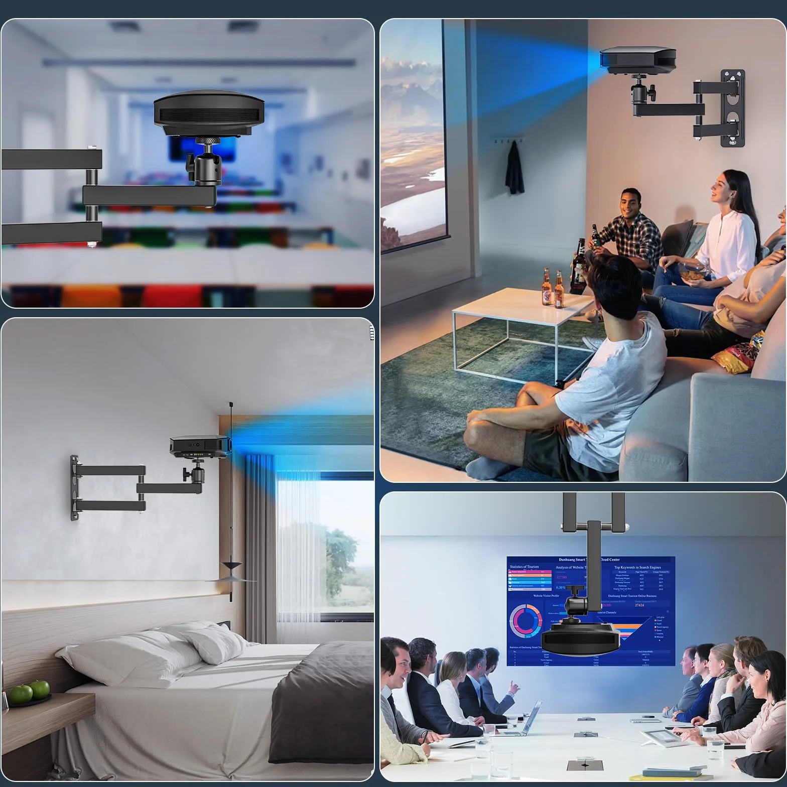 Uchwyt ścienny do projektora, stojak na projektor, regulowany obrót o 360°, składany uchwyt sufitowy do zawieszenia projektora, ze śrubami 1/4", do kina domowego, pokoju gier, biura