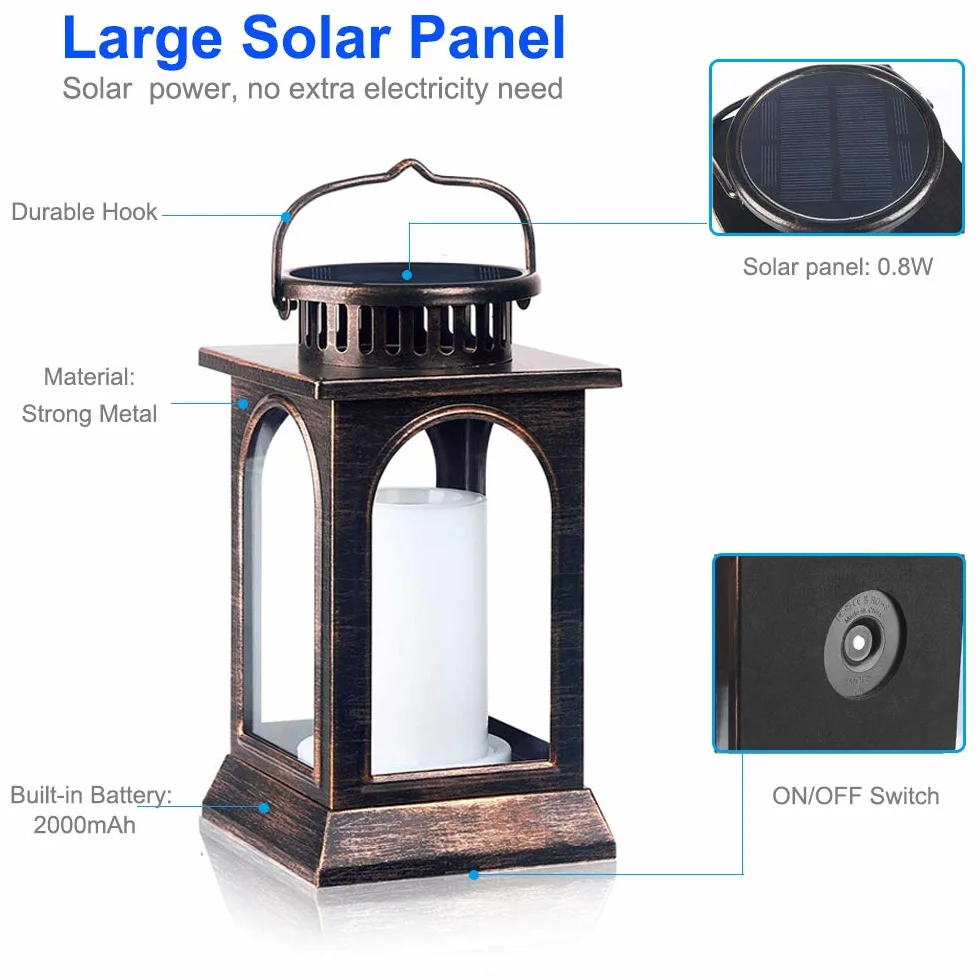 SOLARBABY Solarna latarnia zewnętrzna, płomień, światła słoneczne, tańcząca, dekoracyjna, metalowa, wisząca, wodoodporna, do ogrodu, na patio, ścieżkę, taras, podwórko (brązowa, 2 sztuki)