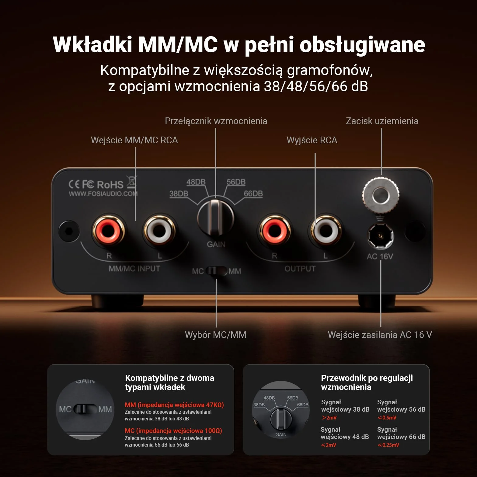 Fosi Audio BOX X5 Przedwzmacniacz Gramofonowy MM MC, 4-Stopniowa Regulacja Wzmocnienia RCA