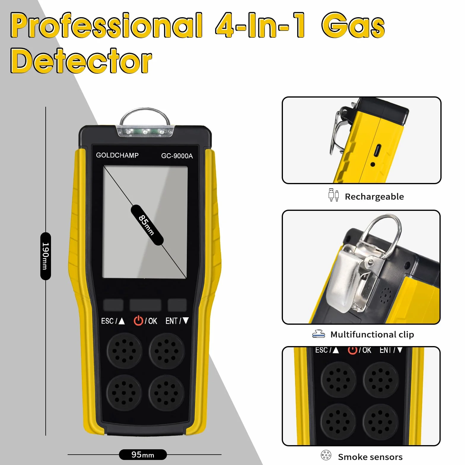 Detektor gazu 4 w 1 do palnych/O2/H2S/CO, alarmu dźwiękowego/świetlnego/wibracyjnego i wyświetlacza LCD, detektorów wycieku gazu do domu + anemometru ręcznego, 5 jednostek i przełącznik ℃/℉, miernik