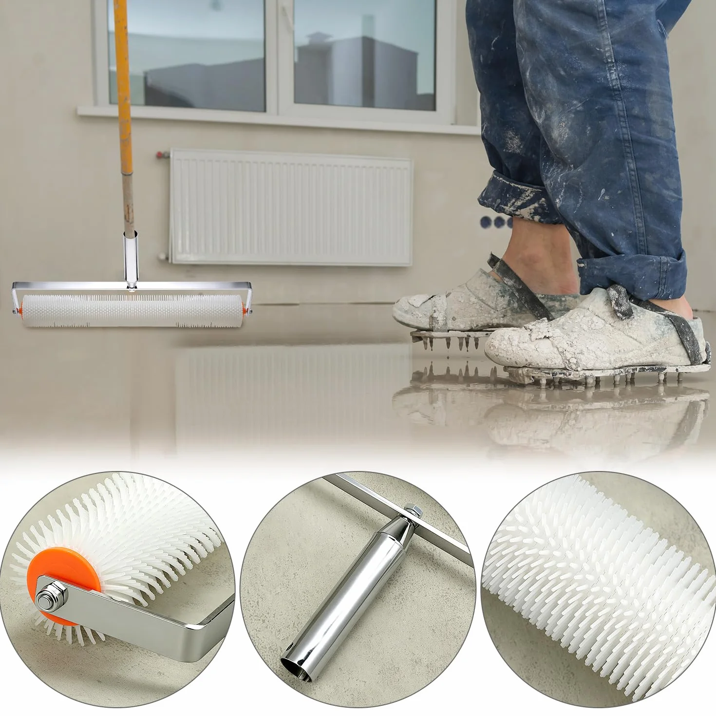 QWORK® Zestaw do podłóg, wałek odpowietrzający + nakładki epoksydowe z kolcami + ściągaczka stojąca ściągaczka do dużych powierzchni