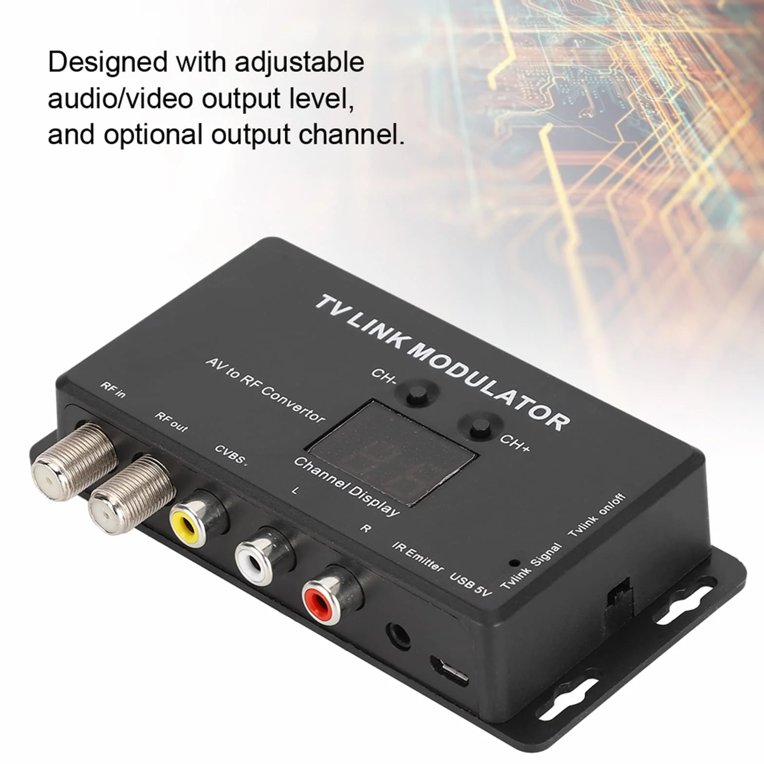 Modulator UHF TM70 Konwerter AV na RF Przedłużacz IR Wyświetlacz Kanałów Czarny 1W USB 5V