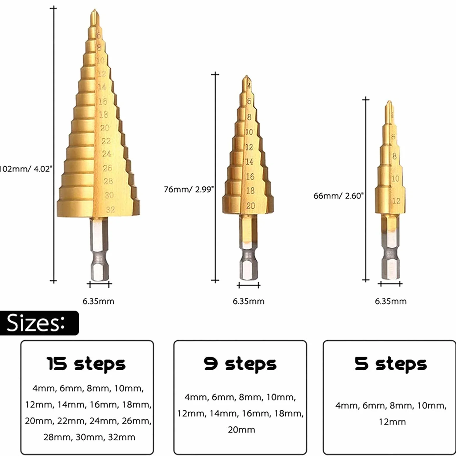 Wiertła do cięcia ze stali HSS T-itanium wiertło stopniowe 3-12mm 4-12mm 4-20mm stopniowe narzędzia do cięcia stożkowego zestaw wierteł metalowych do obróbki drewna drewno (kolor: 4 32mm) (centralny