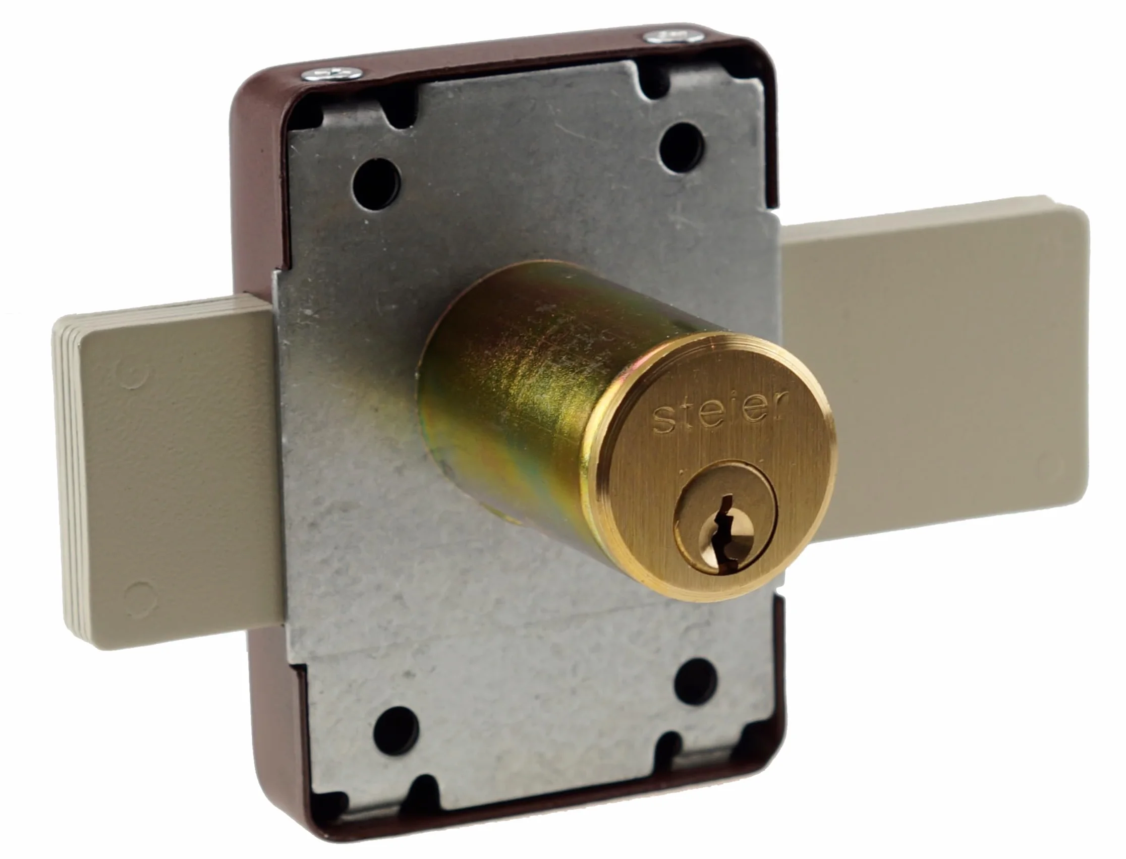 Zamek ryglowy z cylindrem 140 mm brązowy, do drzwi i bram, zabezpieczający, blokujący
