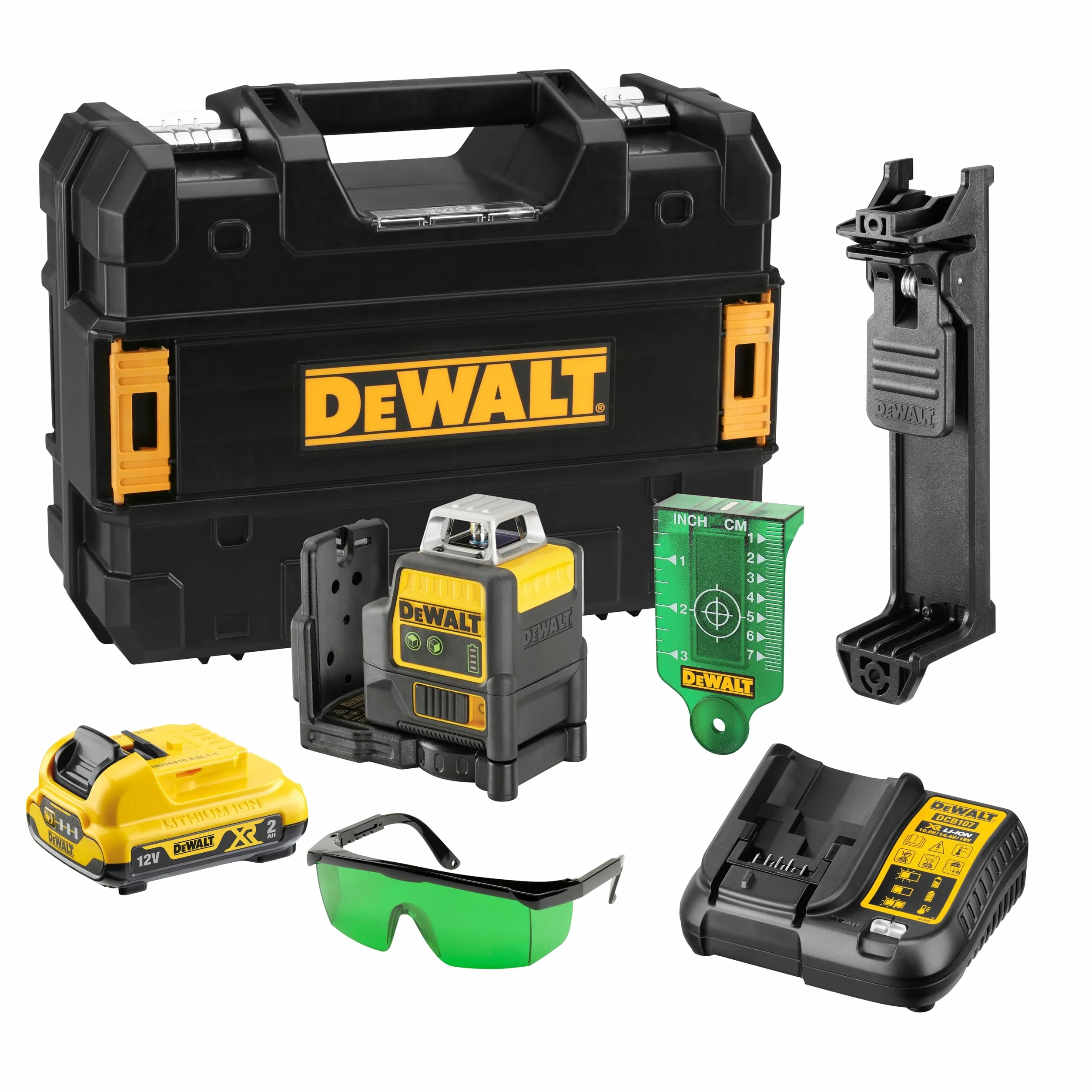 Dewalt 10,8 V, 2 x 360°, zielony DCE0811D1G (samopoziomujący, poziomy i pionowy, w zestawie akumulator XR 10,8 V/2 Ah, ładowarka, uchwyt ścienny, tablica celownicza, okulary laserowe, walizka) 1