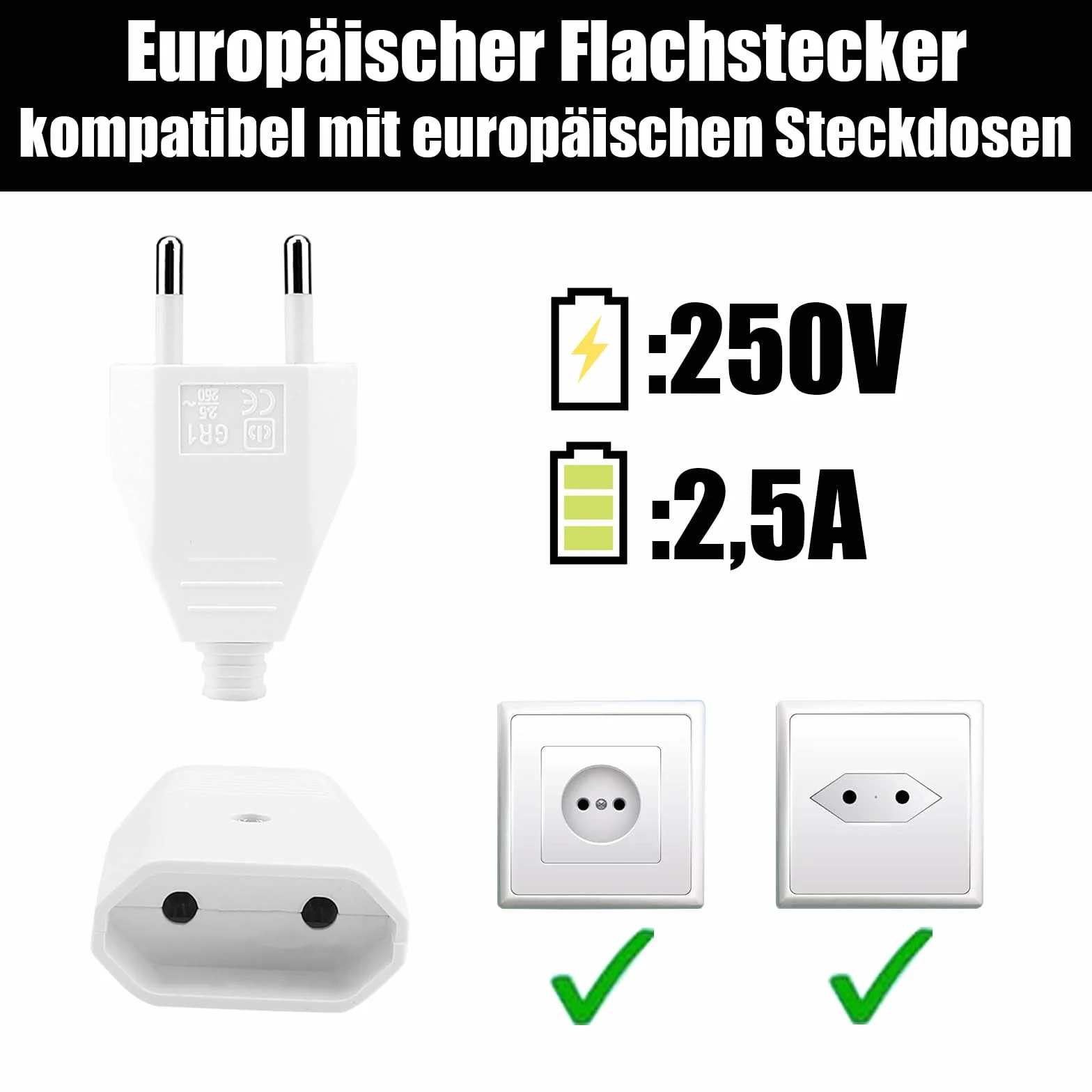 Powice 4 sztuki płaskich wtyków wtyczka euro, złącze europejskie, wtyczka 250 V, 2,5 A, 2-biegunowa, z zestykiem ochronnym (biała)