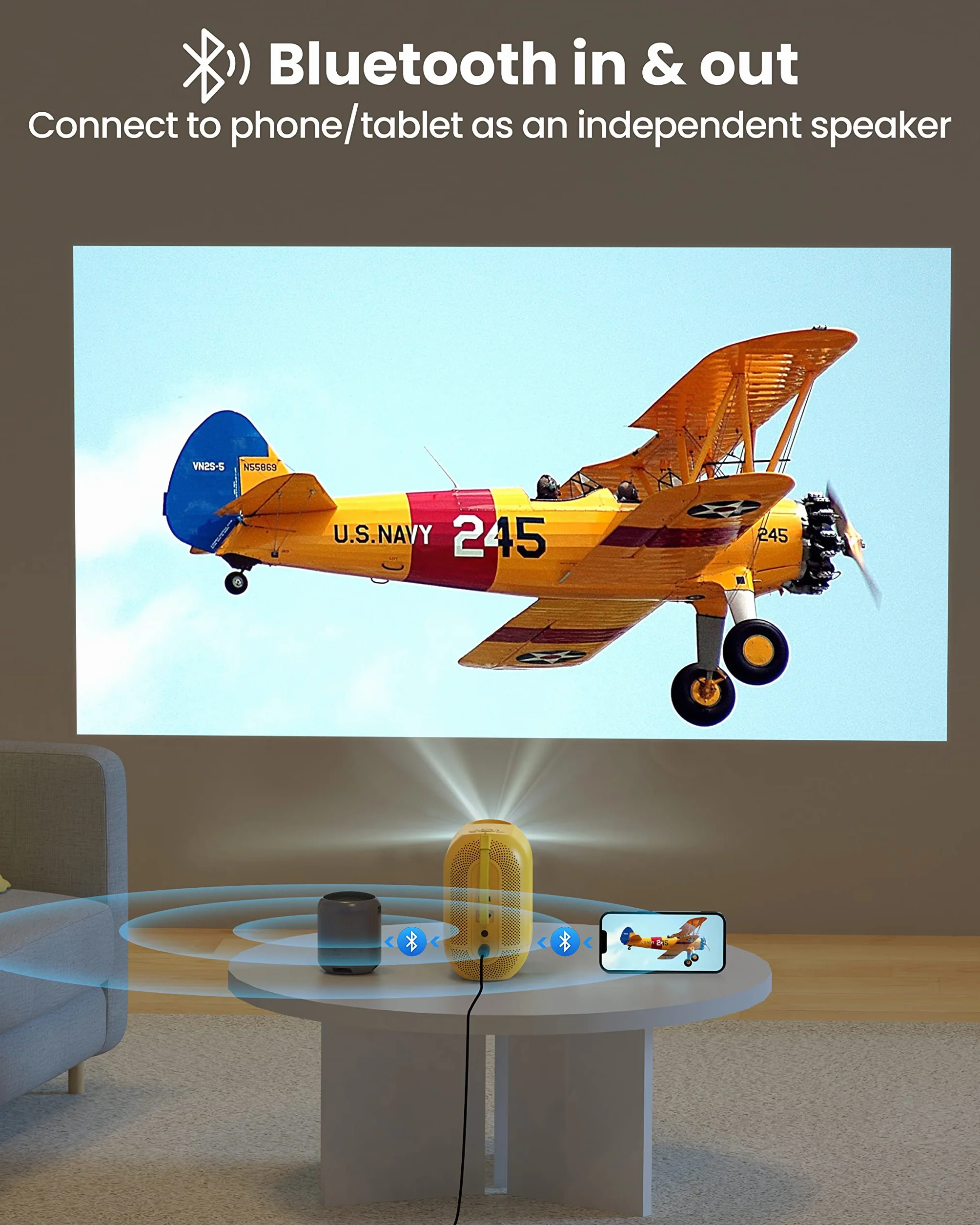 ETOE D1 EVO Mini Projector, Android 9.0, projektor wideo z ESPN, Prime Video, YouTube, 5G WiFi i Bluetooth, korekcja Keystone, kompatybilny z iOS/Android/USB/HDMI