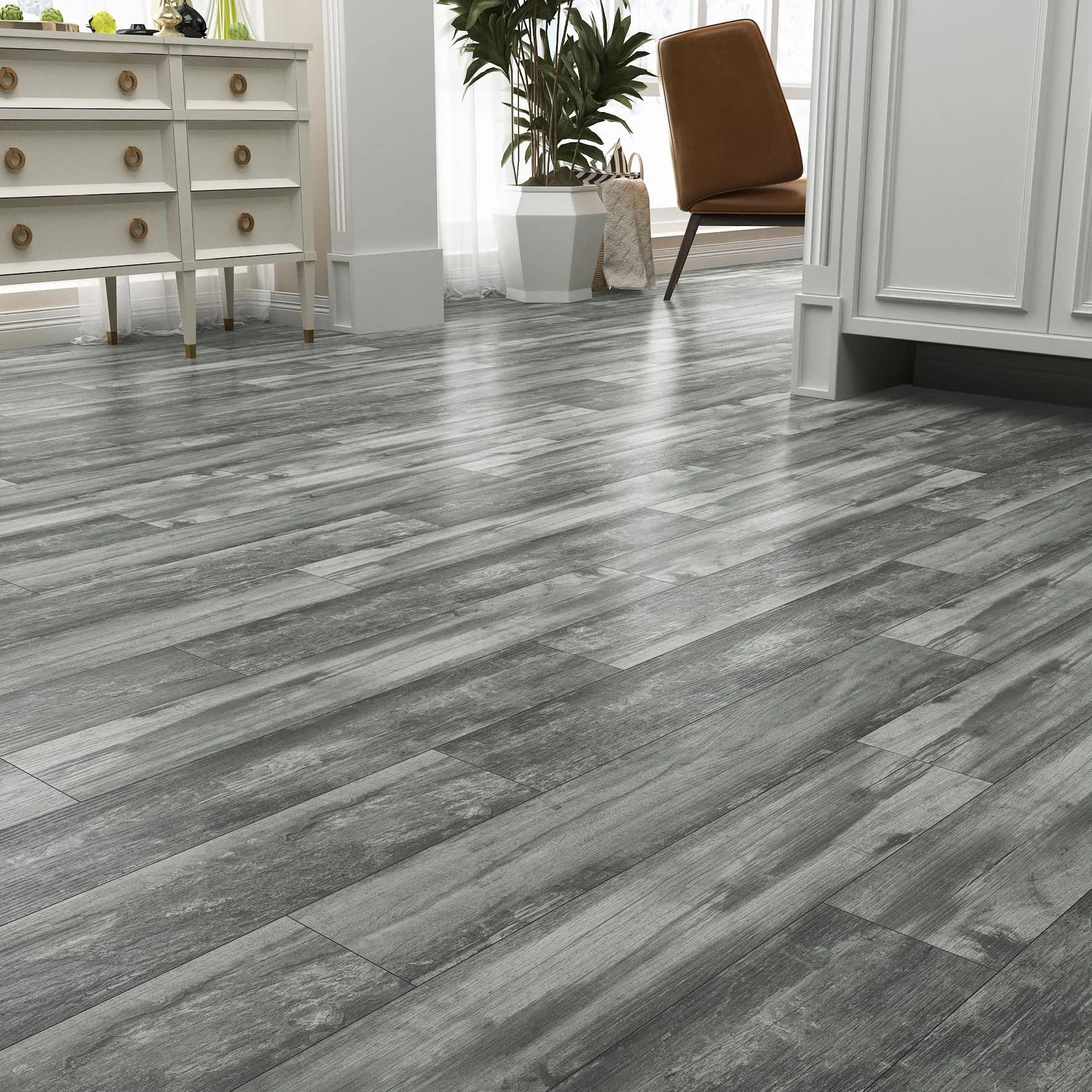 Decotalk 90 x 15 cm, 35 sztuk, szara struktura drewna, samoprzylepne naklejki podłogowe z PCW, nowoczesne i stylowe rozwiązanie podłogowe do ulepszenia Twojego domu, idealne do dużych pomieszczeń