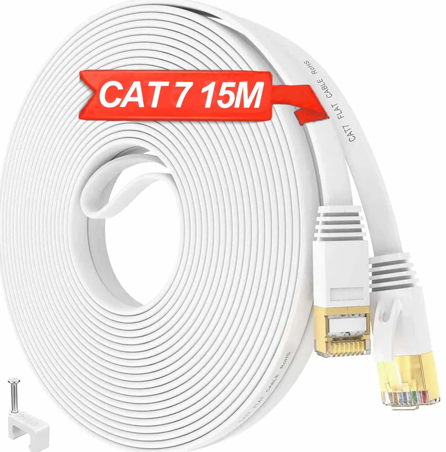Kabel Ethernet 15m Cat 7 Płaski Ekranowany LAN 10Gbps 600MHz FTP Biały do Routera Xbox PS5 PC