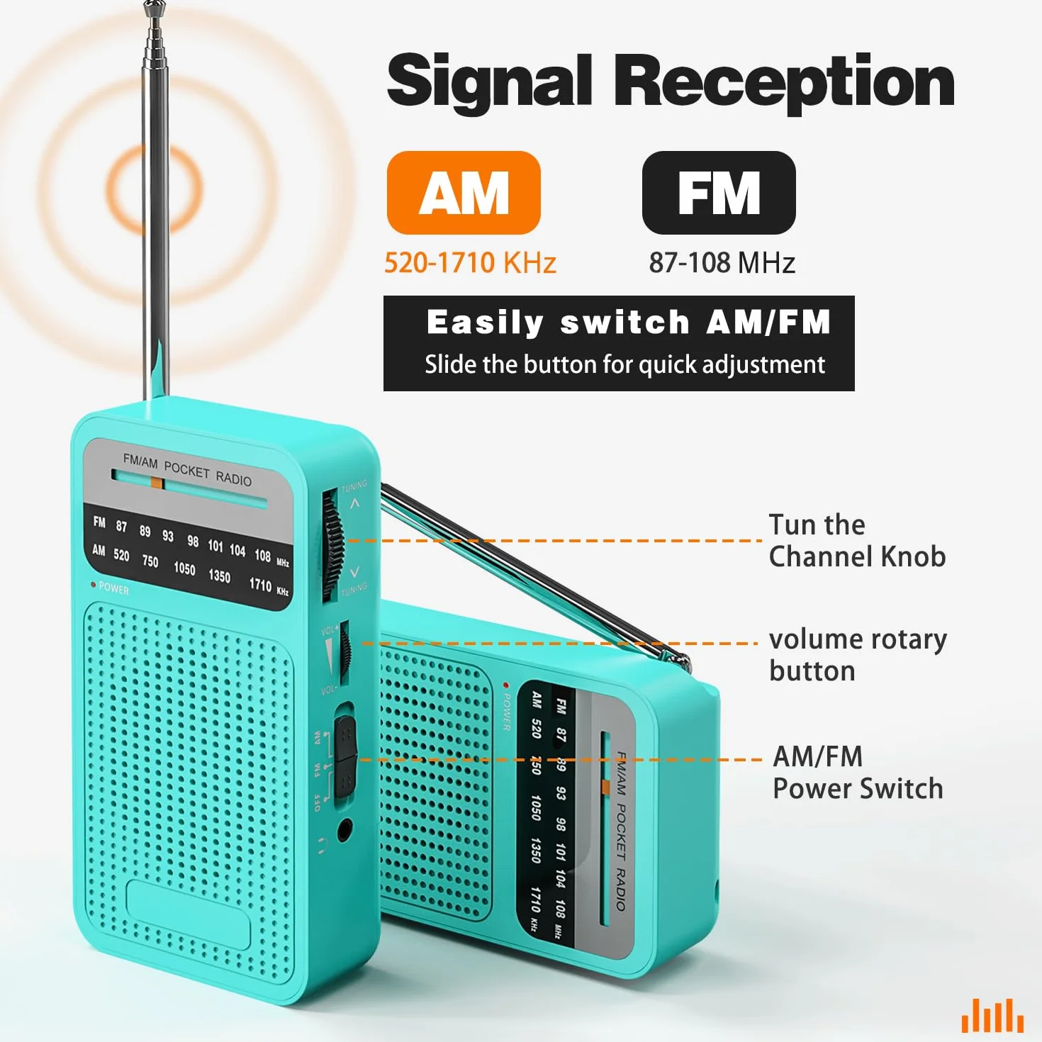 Tendak Małe Radio Kieszonkowe AM/FM Przenośne z Gniazdem Słuchawkowym 3.5mm Turkusowy