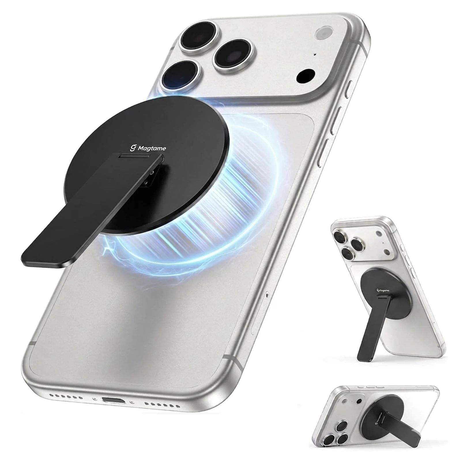 Magtame Magnetyczny uchwyt na telefon z podpórką, metalowy pasek 3 w 1, kompatybilny z iPhone 12/13/14/15/16, czarny