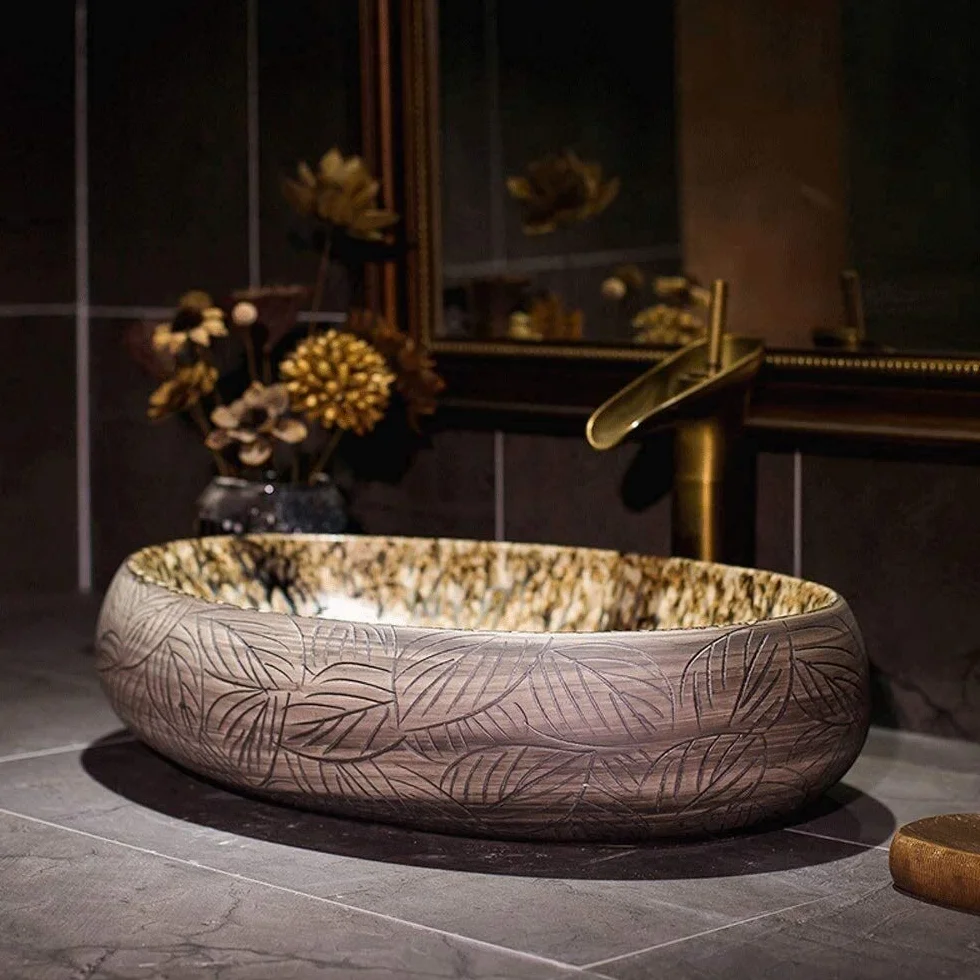 Szafka Pod Umywalkę Z Umywalką, Umywalka Nablatowa, Umywalka Nablatowa Łazienkowa 21 X 14 Cali, Europejska Rustykalna, Owalna, Porcelanowa, Ceramiczna Umywalka Nablatowa