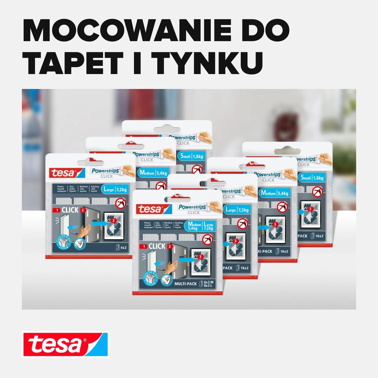 tesa Powerstrips CLICK – podkładki samoprzylepne na rzepy do przypinania i zamykania ramek na zdjęcia i dekoracji ściennych bez wiercenia – samoprzylepne paski na rzepy z systemem zatrzaskowym ON i