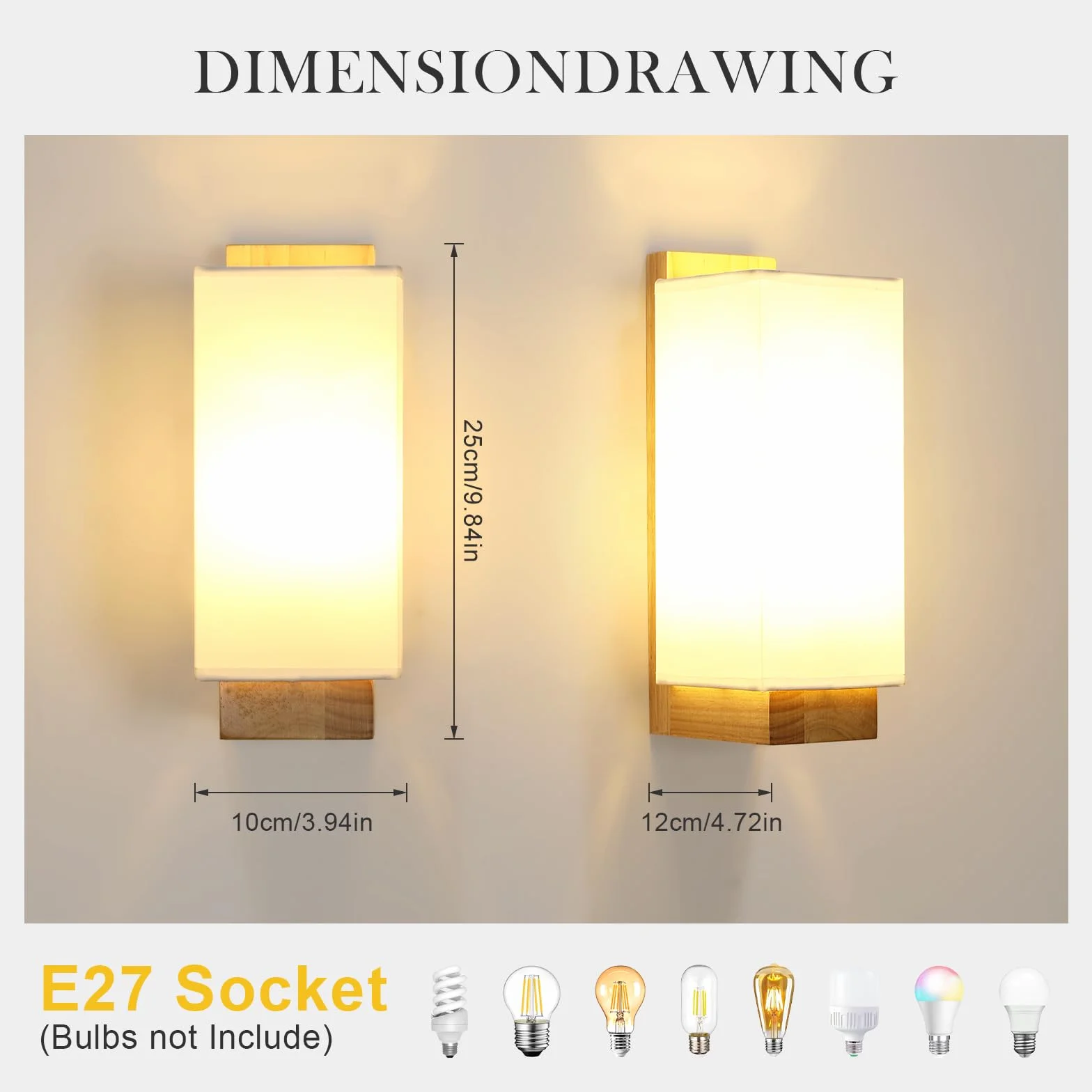 Comely Drewniany Kinkiet Wewnętrzny, Lampa Ścienna Z Kloszem Tkaninowym E27, Wewnętrzna Oprawa Ścienna Do Sypialni Korytarza Schodów Salonu, Prostokątny (Żarówka Nie Dołączona)