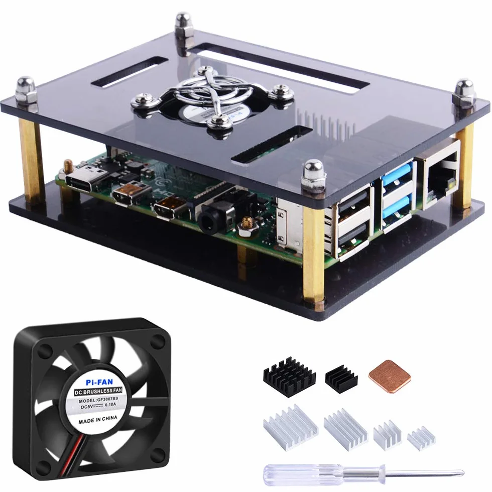 GeeekPi Akrylowa obudowa do Raspberry Pi 4/3 z wentylatorem, brązowa