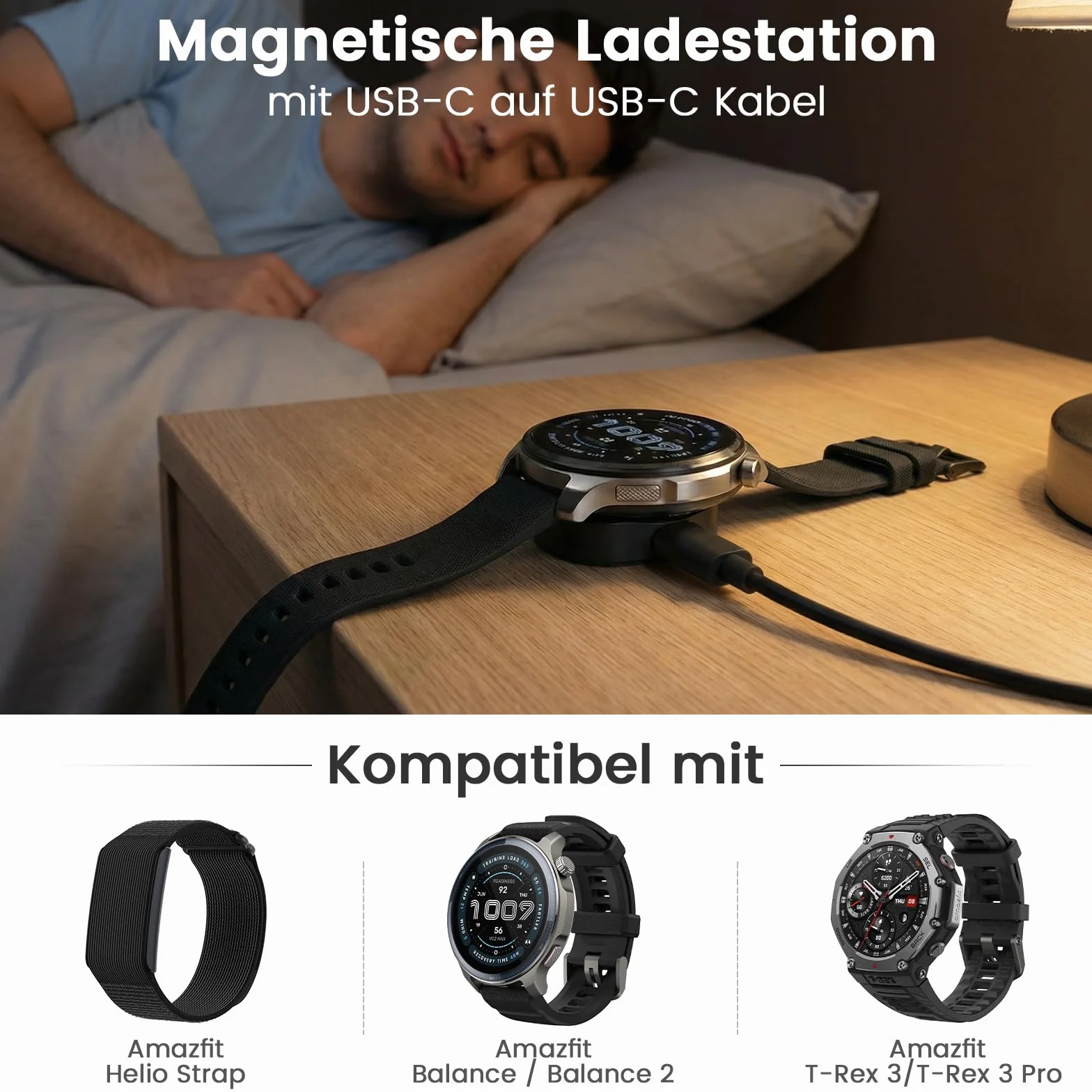 SimpleThings Ładowarka kompatybilna z Amazfit Helio Strap, T-Rex 3 / T-Rex 3 Pro/Balance/Balance 2, magnetyczna stacja ładująca z 1 m kablem USB-C na USB-C, kompaktowa i przenośna