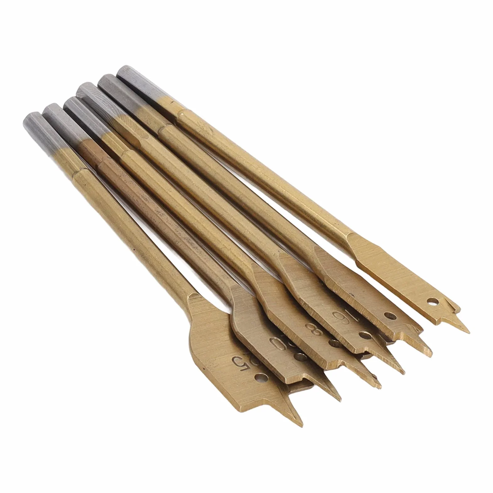 Zestaw wierteł łopatkowych, zestaw wierteł płaskich Oszczędność pracy 3 krawędzie 6 szt. Precyzyjne pozycjonowanie Incisive Hex Shank Stal wysokowęglowa do obróbki drewna (złoto)