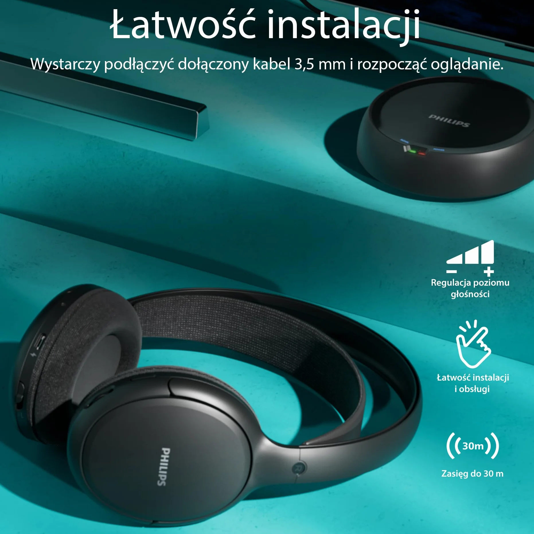 Philips SHC5200M2 bezprzewodowe słuchawki telewizyjne z czasem odtwarzania 30 godzin, zasięg 30 m, cyfrowe połączenie 2,4 G, wygodne dopasowanie do uszu, wymienny akumulator, wyraźny dźwięk dialogowy