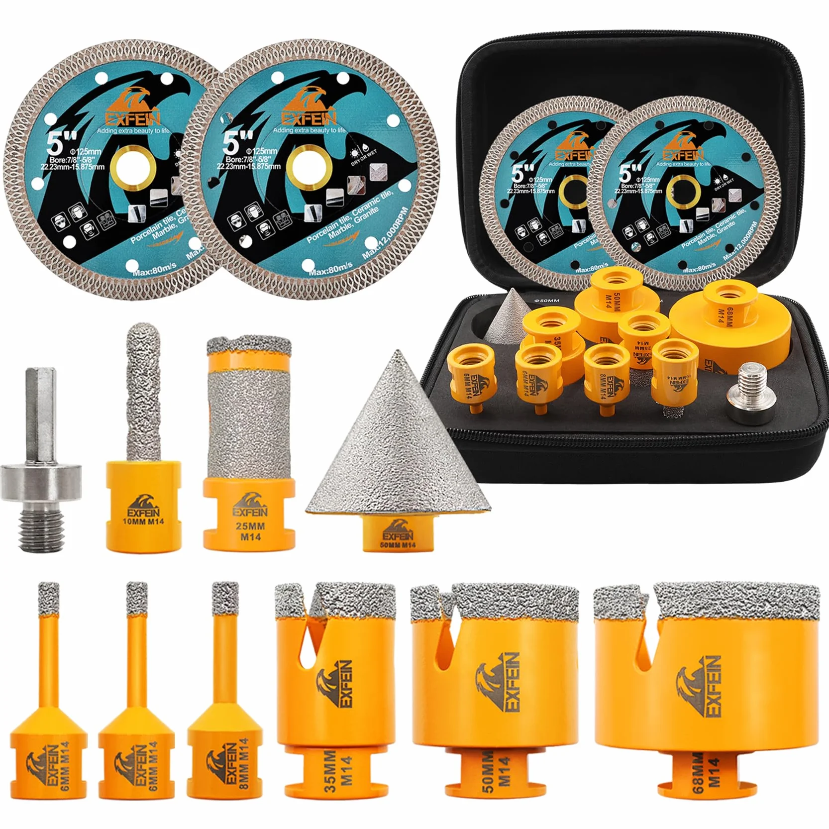 Zestaw wierteł diamentowych do płytek 12 sztuk - EXFEIN piła stożkowa 6/6/8/25/35/50/68 mm + 10 mm wiertła palcowe + 50 mm wiertła fazowane + adapter + 2 szt. 125 mm tarcza diamentowa do porcelany
