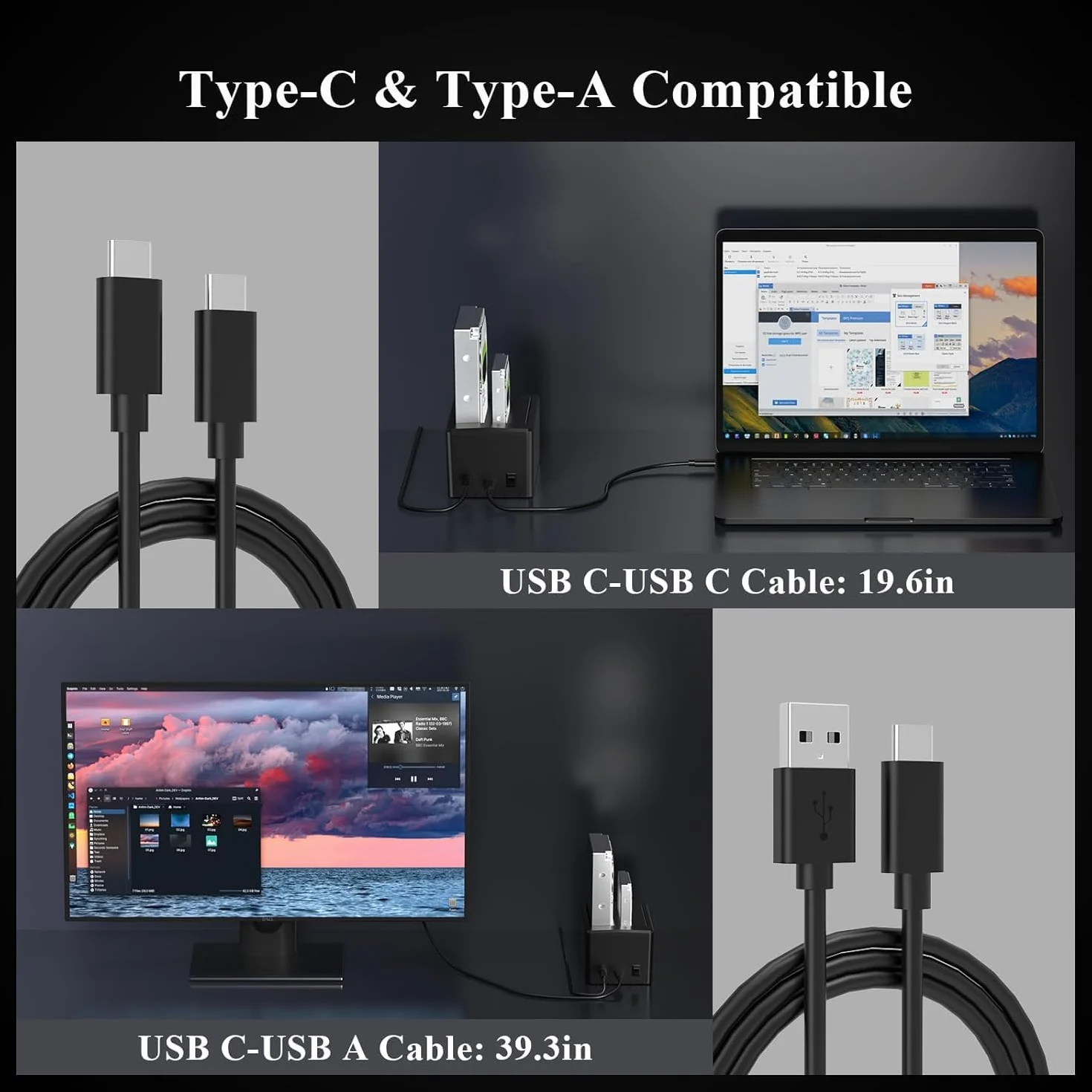 FIDECO Stacje Dokujące do Dysków Twardych, USB 3.2 Gen 1 Zewnętrzny Dysk Twardy Stacja Dokująca dla 2.5''/3.5'' SATA HDD oraz SSD, Stacja Dokująca z Portem Type C, Obsługa Klonowania Offline