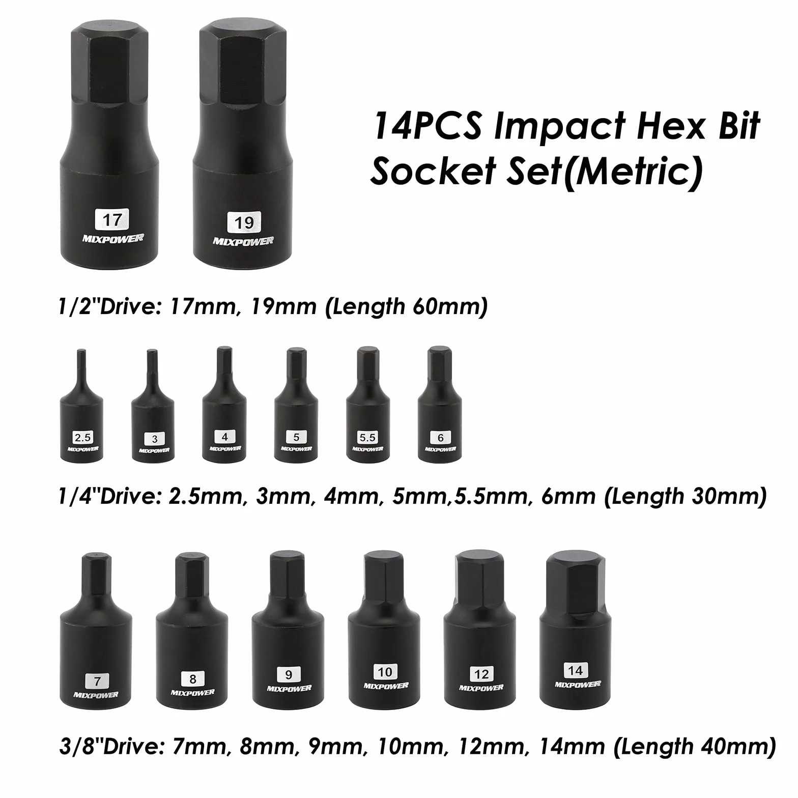 MIXPOWER 14-częściowy zestaw gniazd bitowych Dr. Bit Socket Set 2,5 mm do 19 mm, 1/4", 3/8" i 1/2" Napęd CrMo Impact Grade, metryczne, sześciokątne gniazdo