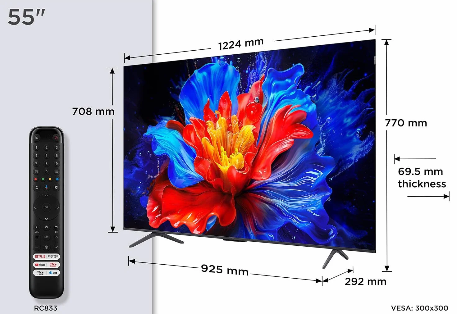 TCL 55P8K QLED 4K HDR UHD Smart Telewizor Google TV Dolby Vision Atmos 144 Hz Motion Clarity Pro FreeSync Onkyo 2.1