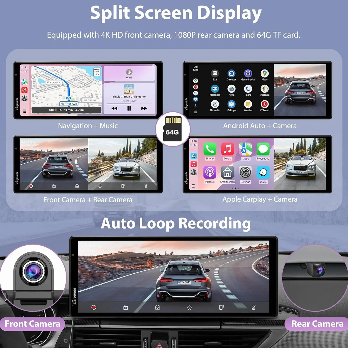 Carpuride Wireless Carplay i Android Auto z kamerą samochodową - 10,26-calowy ekran dotykowy HD IPS Car Play do samochodu, kamera przednia 4K i tylna 1080P, nagrywanie w pętli, dźwięk Bluetooth