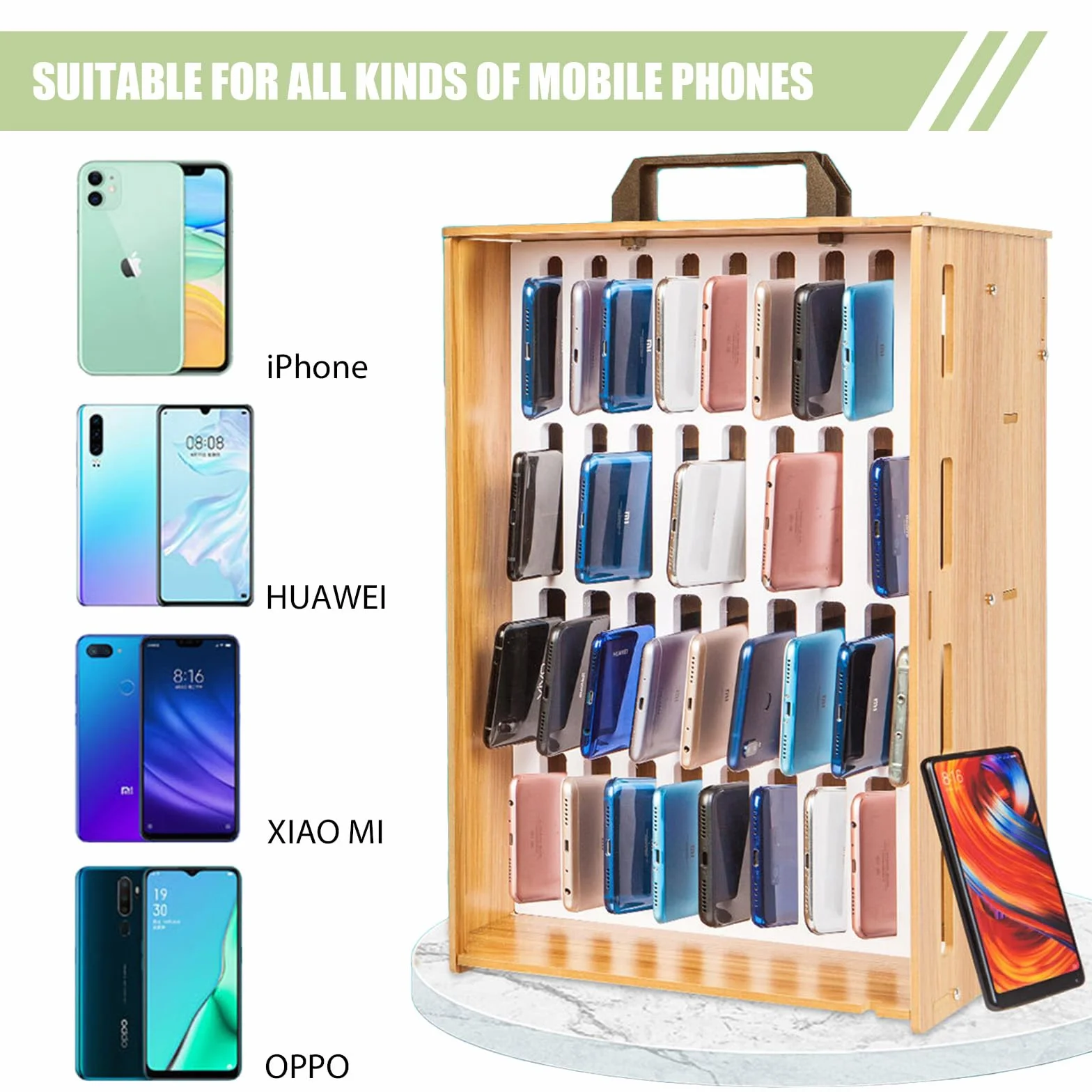 Szafka do przechowywania telefonu komórkowego, 36 przegródek, drewniany, zamykany organizer na telefon komórkowy, 41,5 cm, 3 kg, montowany na ścianie, wielofunkcyjne pudełko do przechowywania, do