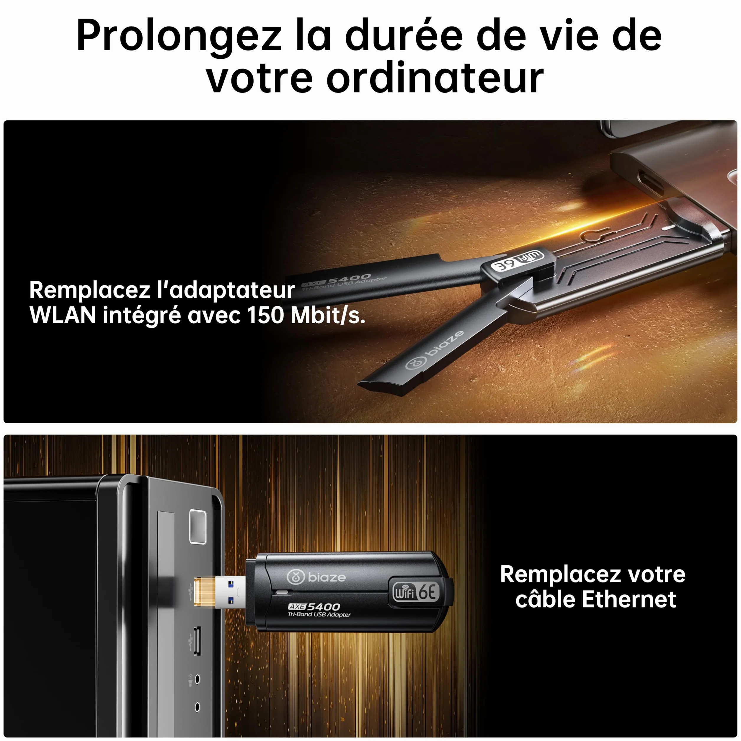 Bezprzewodowy adapter WiFi 6E 5400 Mbit/s USB 3.0 – dwupasmowy adapter do gier WiFi do komputera i laptopa, karta sieciowa Plug-and-Play-WiFi 6E z zewnętrzną anteną (WiFi6E 5400 Mbit/s)