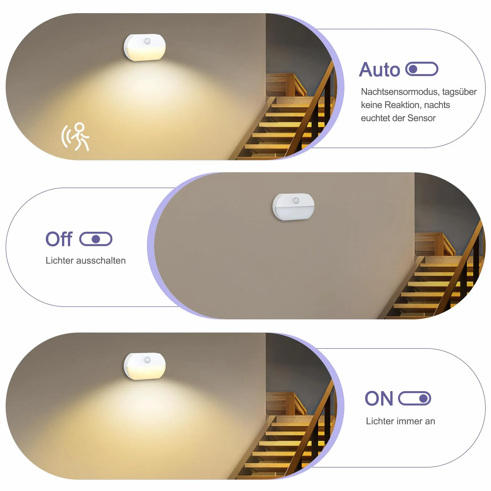 Lampka nocna z czujnikiem ruchu, 2 sztuki LED typu C z 3 trybami (AUTO/OFF/ON), 3 regulowane temperatury barwowe (6000K-4000K-3000K), lampka nocna dla dzieci do sypialni