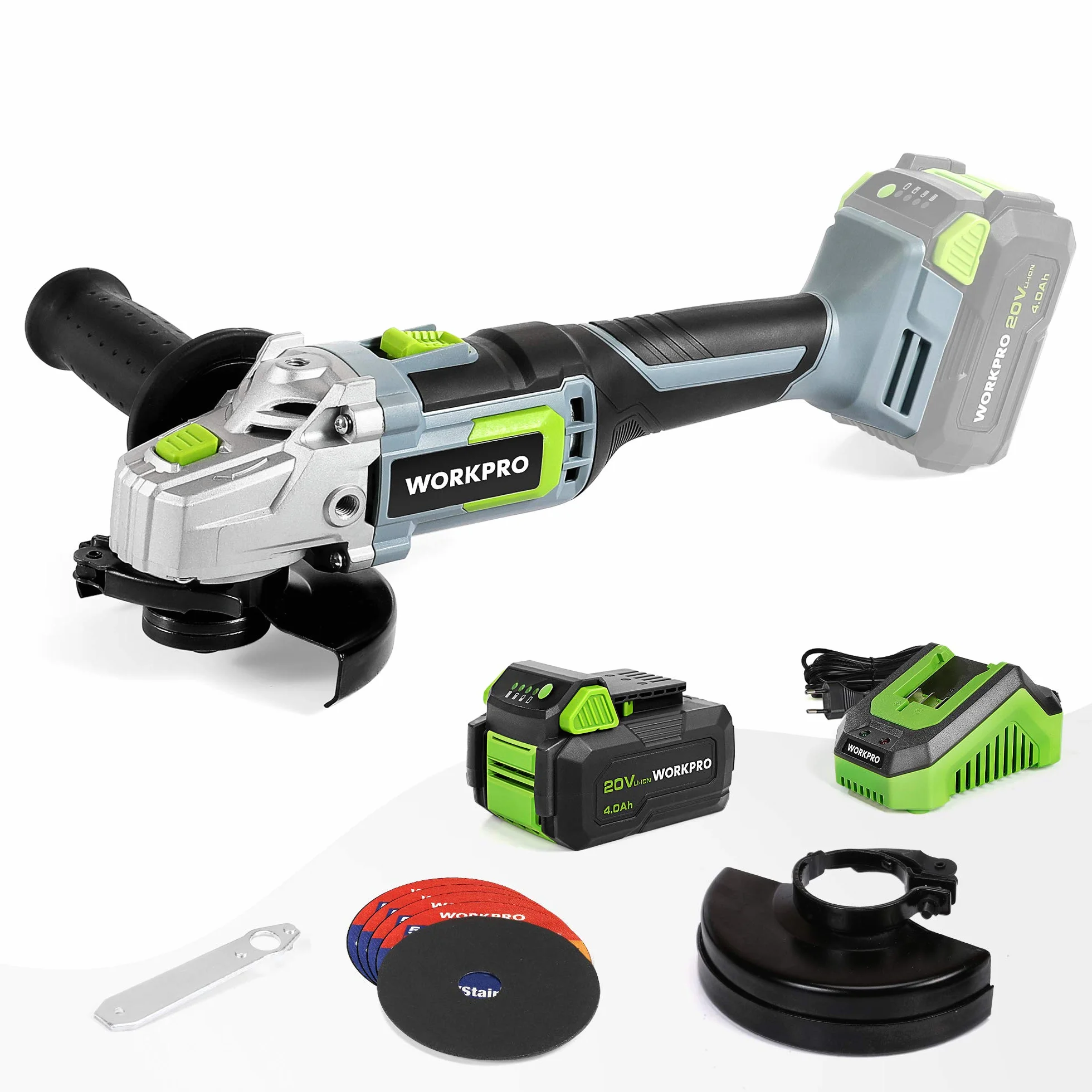 WORKPRO akumulatorowa szlifierka kątowa 20V z akumulatorem 4,0Ah, Ø125mm, lekka bezprzewodowa szlifierka elektryczna z 5 tarczami do cięcia, 2 osłonami ochronnymi, szybka ładowarka i uchwyt pomocniczy