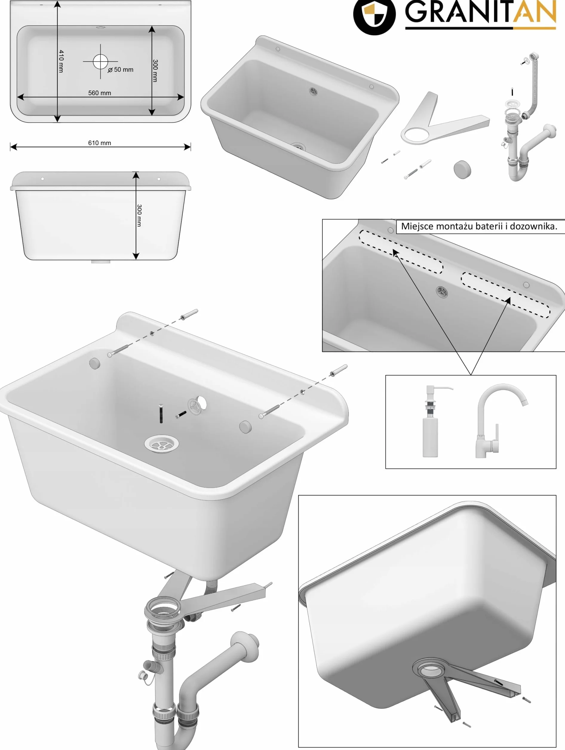 Granitan Zlewozmywak do garażu, piwnicy, warsztatu, uniwersalne koryto z syfonem, umywalka, montaż ścienny z polipropylenu, 61 x 41 x 30 cm (biały + bateria umywalkowa BETA)