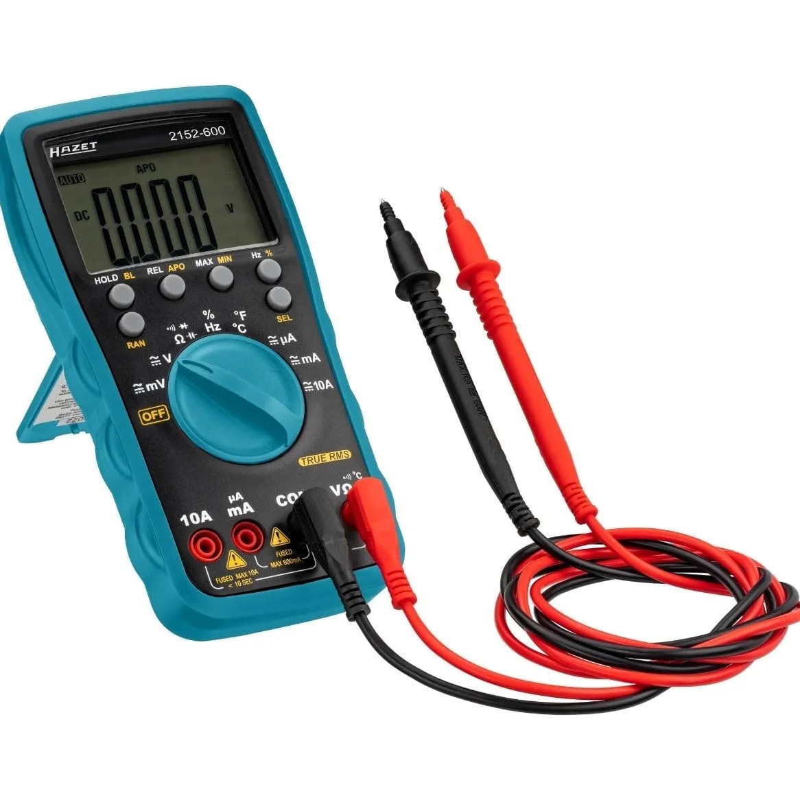 HAZET 2152-500 I Cyfrowy tester z wyświetlaczem LCD, 0-600 V, pomiar napięcia, częstotliwości, pojemności, temperatury i prądu z 2 bateriami z funkcją podtrzymania danych