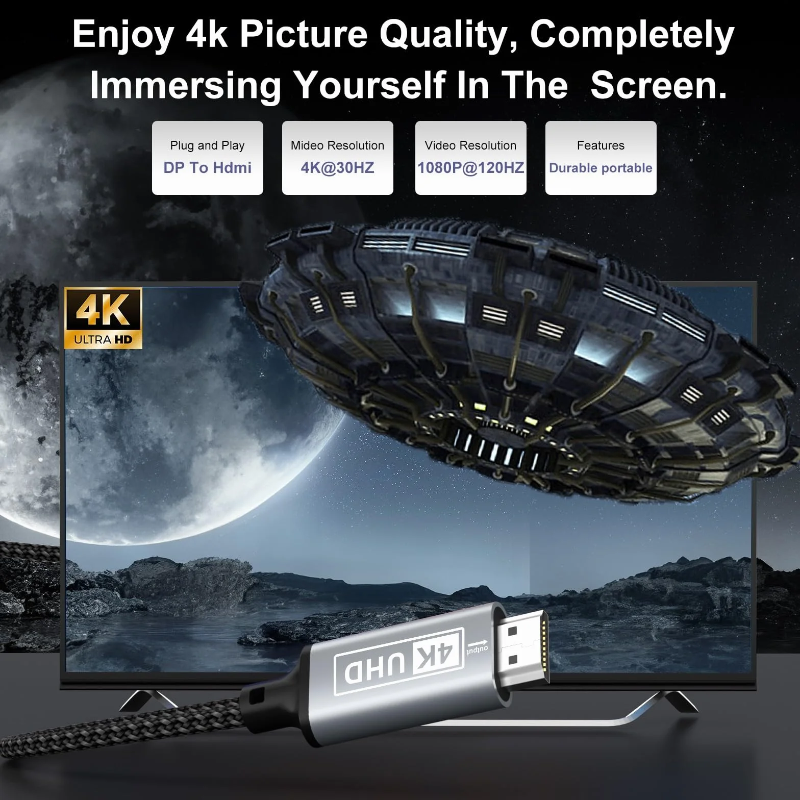 DisplayPort auf HDMI Kabel 4K 3M Nylon Geflochten Unidirektional DP zu HDMI