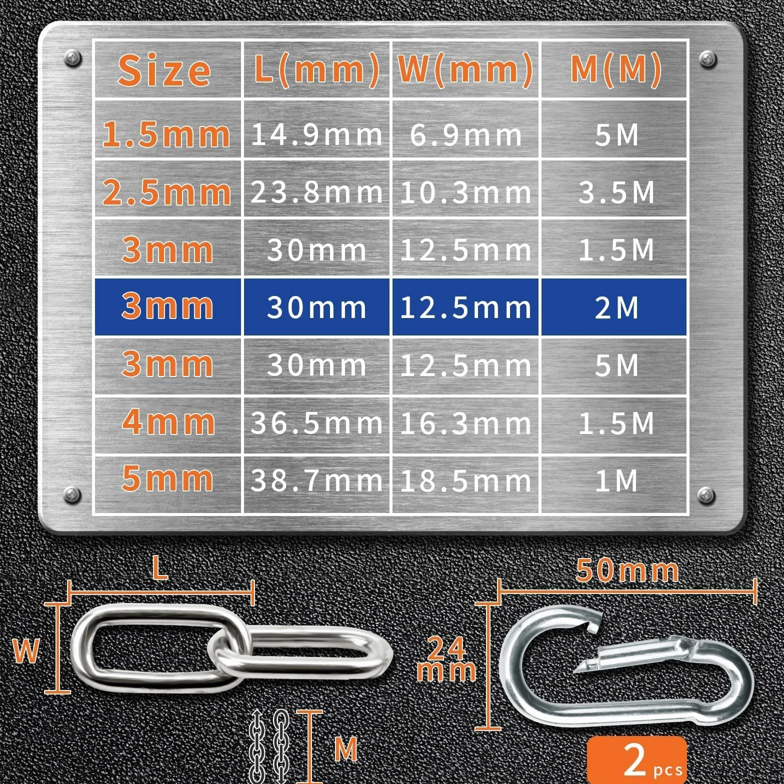 SWTYExt Łańcuch ze stali nierdzewnej 304, 3 mm, 2 m, wytrzymałe metalowe ogniwo z karabińczykiem do kłódki do bramy, huśtawka wisząca, zamek rowerowy i ochrona zwierząt domowych