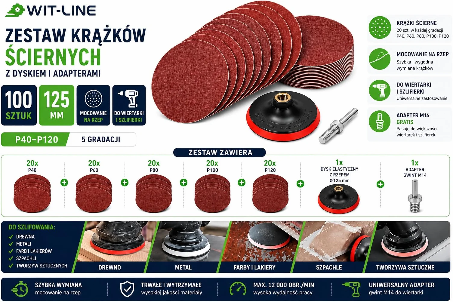 Papier Ścierny Zestaw Krążki Na Rzep 125 mm 100 szt + Dysk Adapter M14 P40 P60 P80 P100 P120 Do Szlifierki