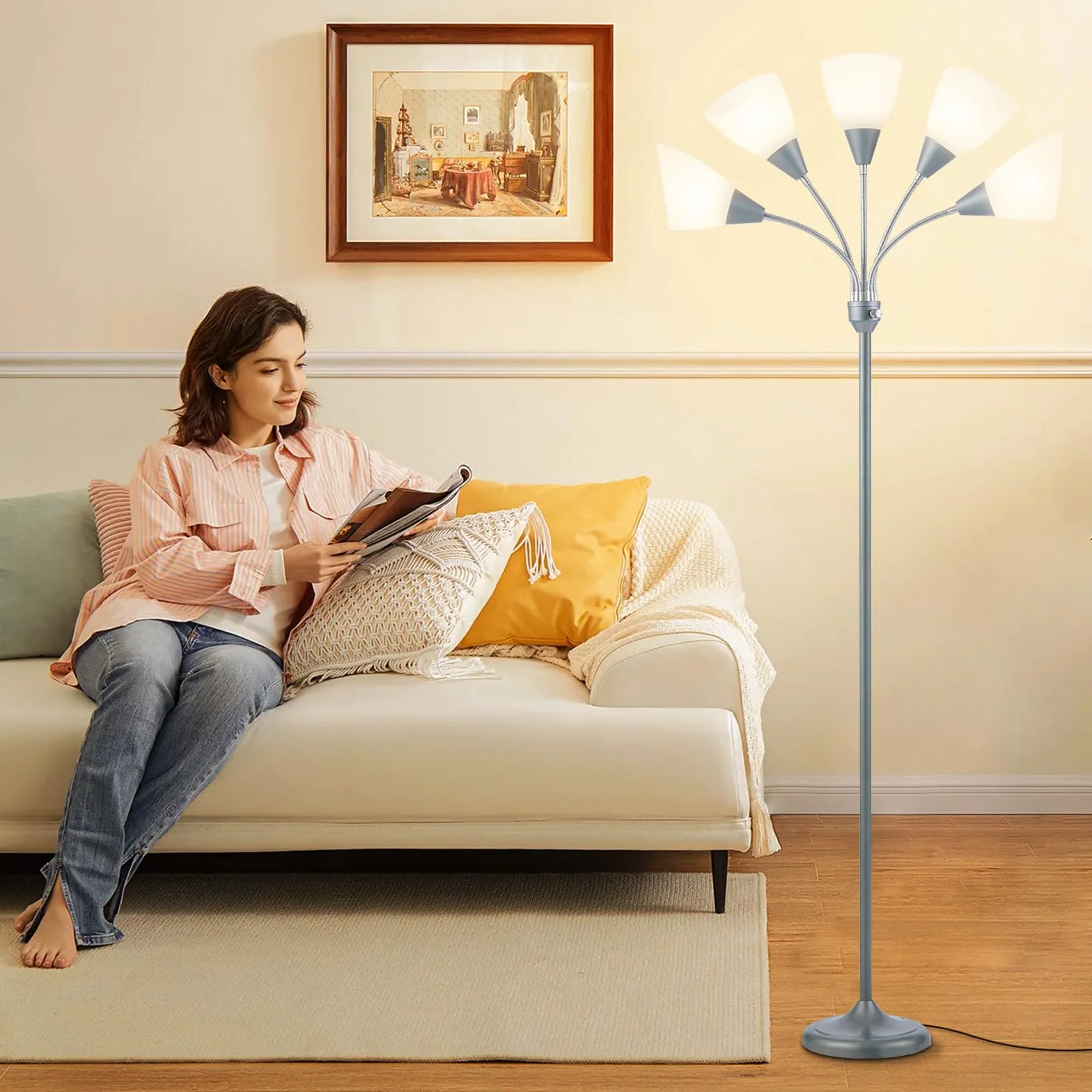 HonoDing Meduza Lampy Podłogowe Lampy Podłogowe 5 Głowic Regulowana Lampka do czytania Duży Klosz Wykorzystuje Lampy Podłogowe E26 Żarówka A19 Do Salonu Sypialni (Srebrny)