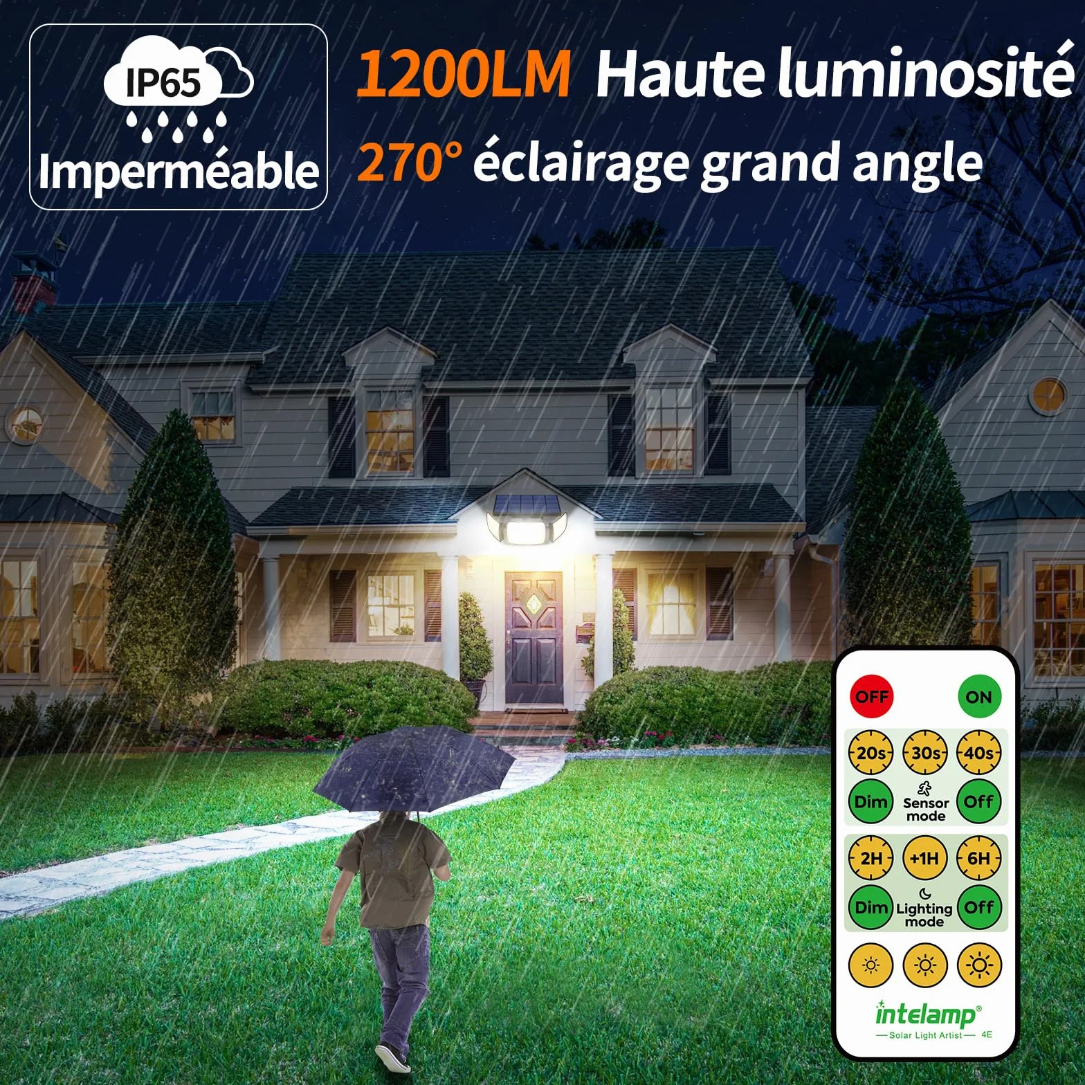 INTELAMP Zewnętrzne lampy solarne z czujnikiem ruchu i pilotem zdalnego sterowania, 6000 mAh, 1200 lumenów, oświetlenie 270°, 4 tryby, lampa ścienna do użytku na zewnątrz