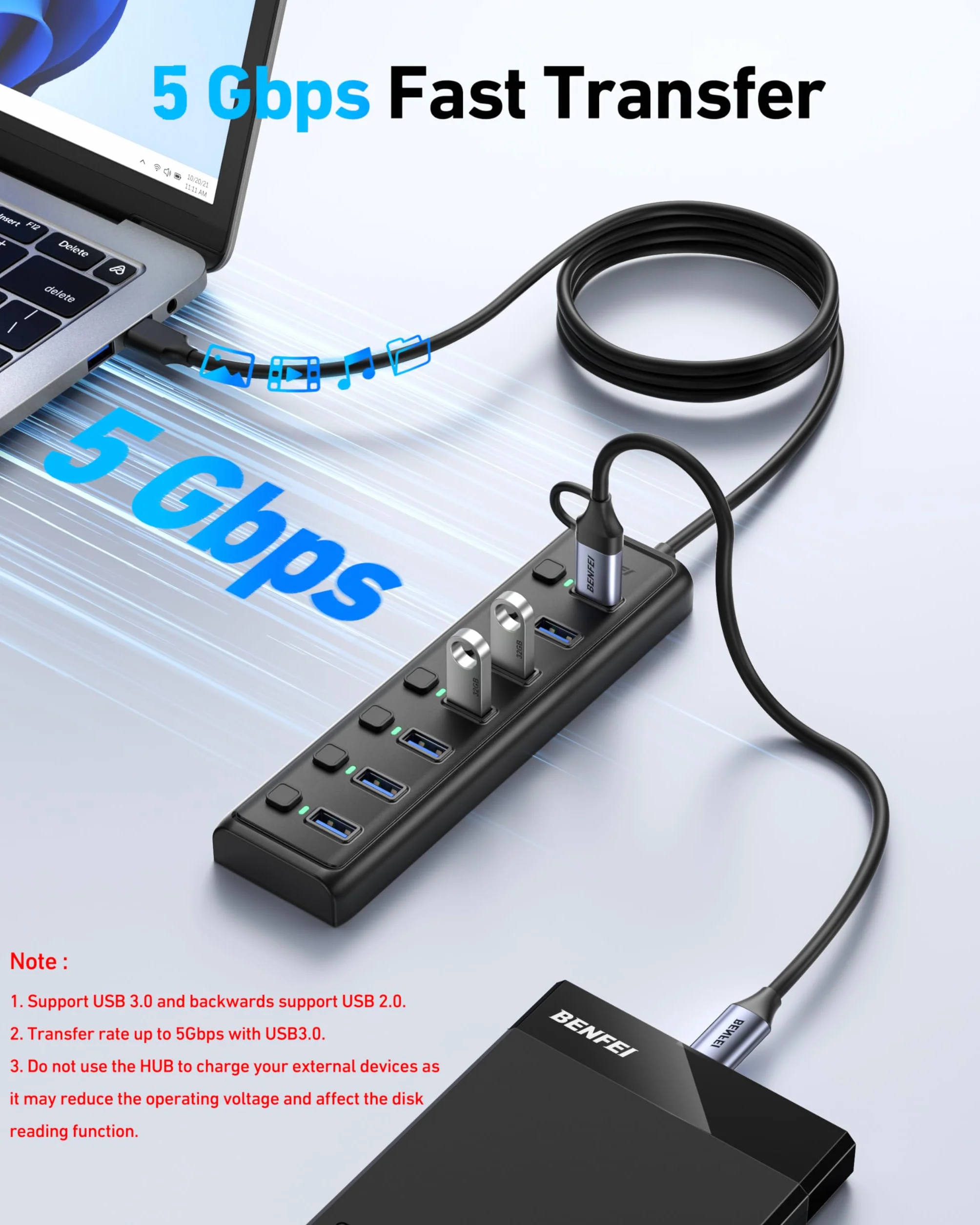 BENFEI Hub USB 3.0 7-portowy, ultracienki przenośny rozdzielacz USB 1 m, kompatybilny z MacBook, Surface Pro, PC