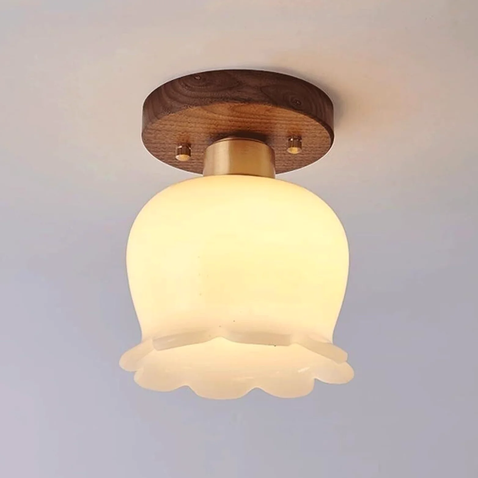 Nowoczesna półwpuszczana lampa sufitowa z orzecha włoskiego do przedpokoju - nordycka kreatywność z mlecznobiałym szkłem, retro lampa wisząca na wyspę kuchenną, sypialnię, korytarz i schody