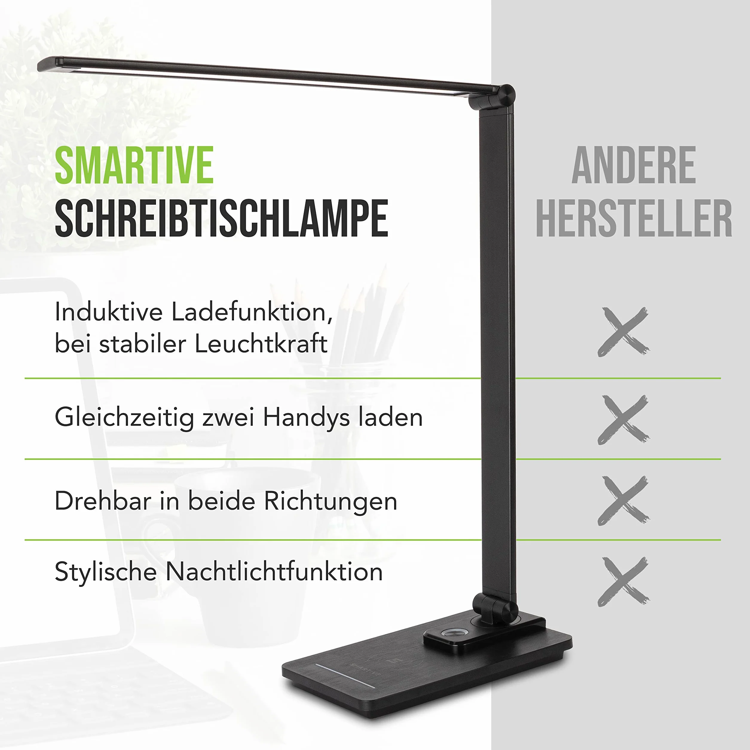 SMARTIVE | Designerska lampa biurkowa z funkcją bezprzewodowego ładowania – lampa biurowa LED z bezprzewodowym ładowaniem 10 W – przyjazne dla oczu światło ściemniane i ładowanie bez kabla | czarna +