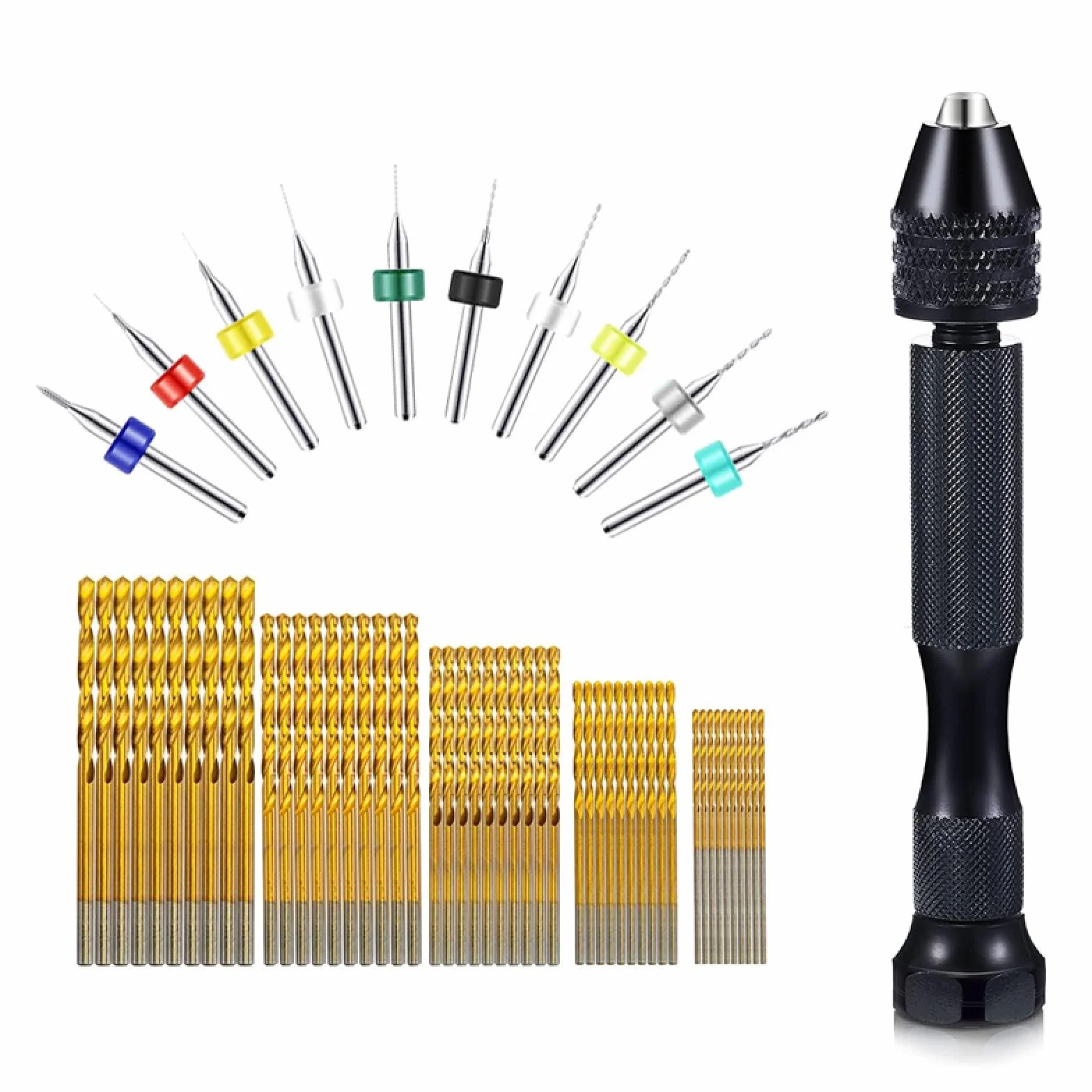 Zestaw wierteł ręcznych Micro Mini Pin Vise Twist Bit do majsterkowania, rzeźbienia w żywicy, polimerowej glinie i tworzeniu biżuterii z tworzyw sztucznych (zestaw wierteł ręcznych 61 szt.)